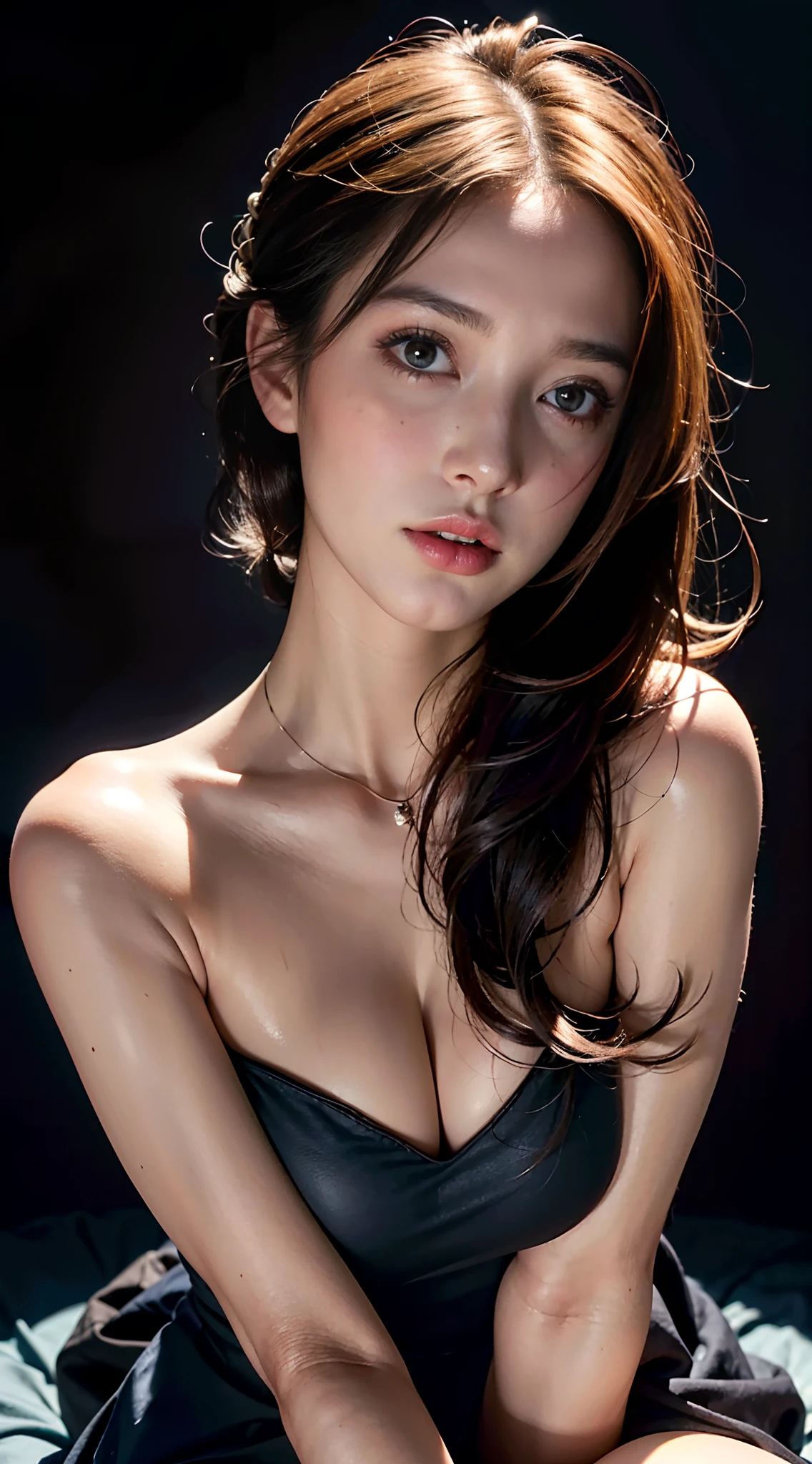 1female, 25 years old, Best quality, masterpiece, ultra high res, (photorealistic:1.4), raw photo, 1girl, offshoulder, in the dark, deep shadow, low key, cold light, looking at camera, closeup shot, soft smooth skin, face well