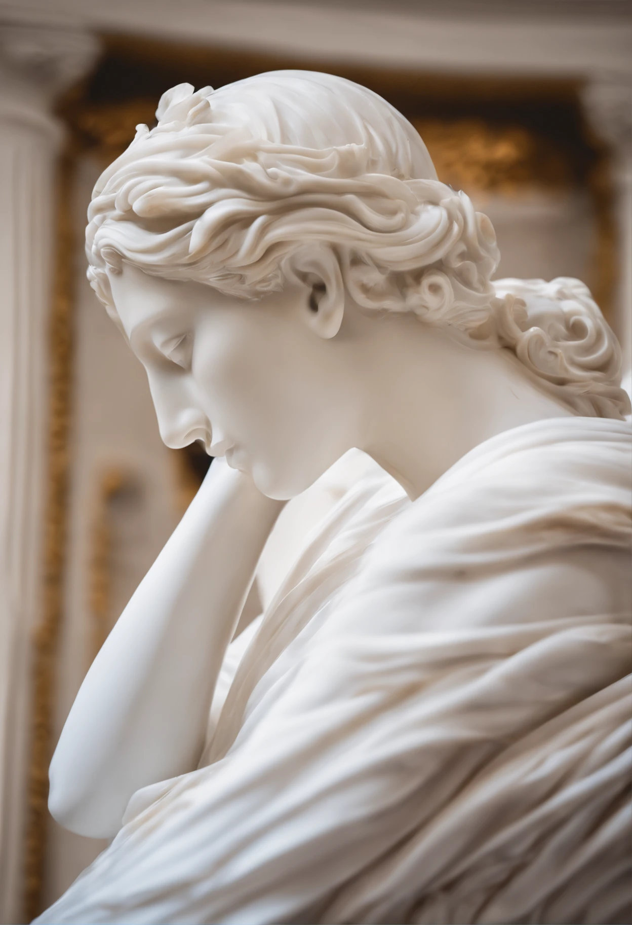 Photo of a white marble statue with the face turned away from a Roman woman