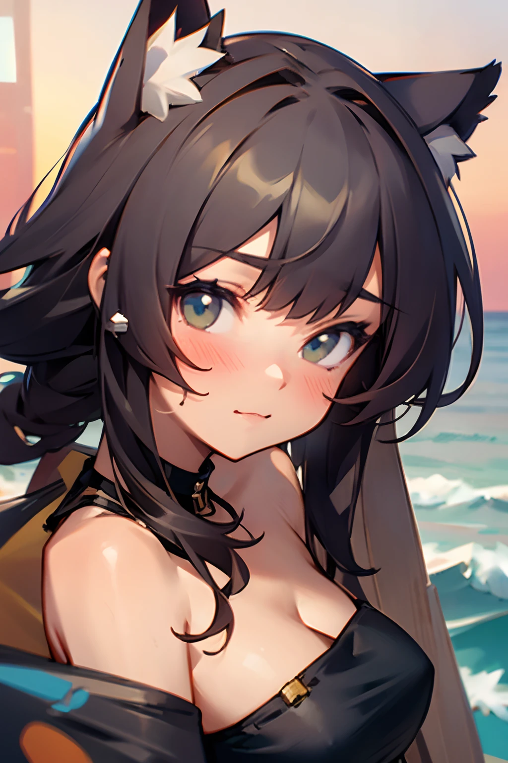 1 girl, 8k, artstation, masterpiece, depth of field, face portrait, cat ears, beach, sunset, string bandeau, zoom in, close facial, very close portrait