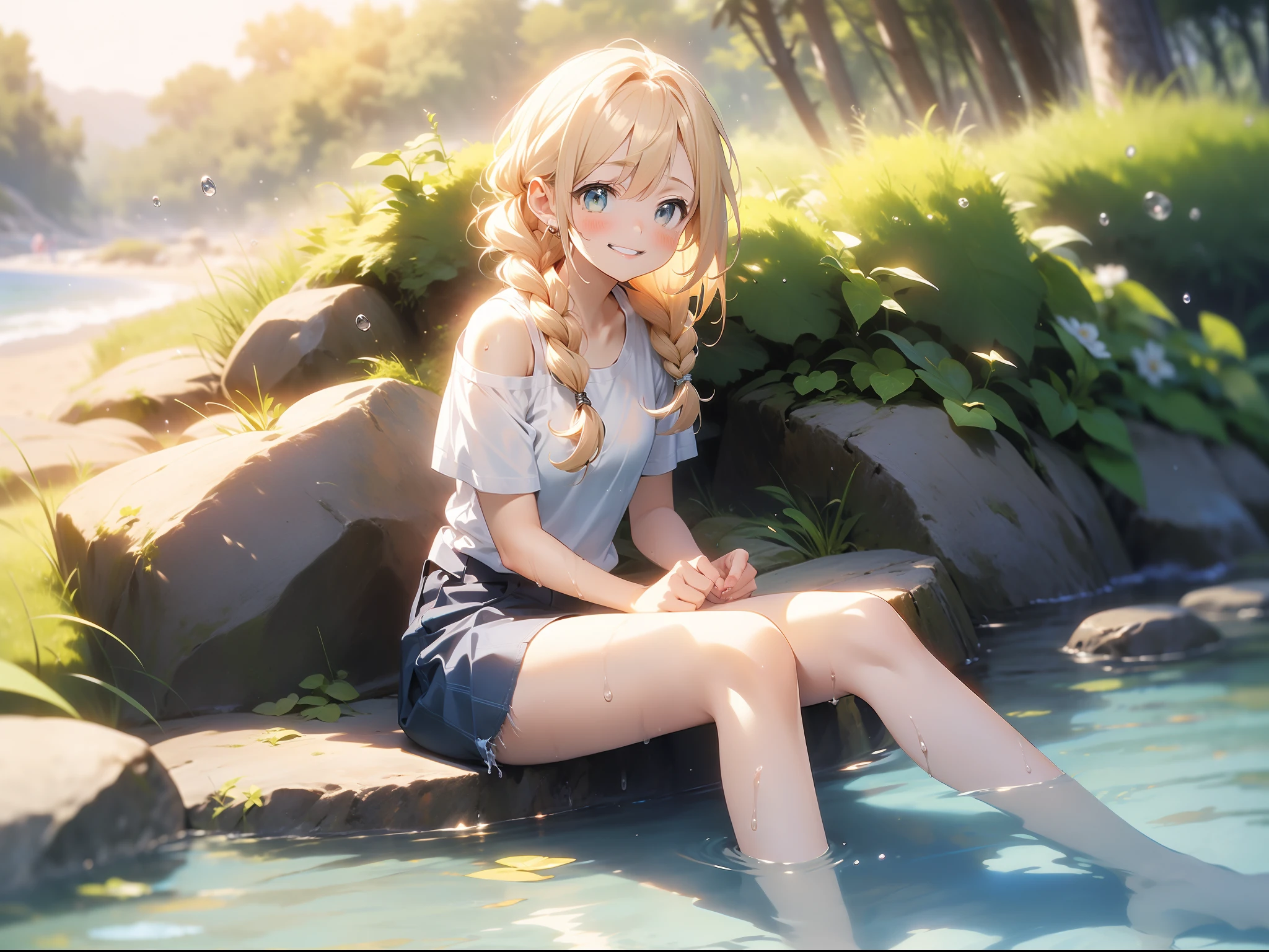 in 8K、top-quality、​masterpiece、ultra-detailliert、Ultra-high resolution、Anime style、((1 persons))、girl with、a blond、Braided hair、White sandy beach、Sit in the water、Wet white t-shirt、bare shoulders​、wetting hair、wetted skin、water dripping、A smile、lensflare