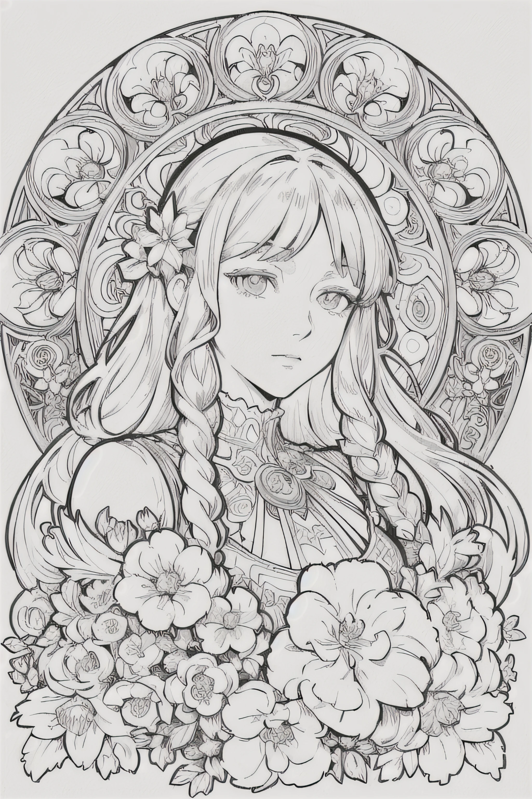 European women's face portrait, long curly hair, blonde, floral frame, decorative panel, abstract
Art by Alphonse Mucha, sketch, character lines and scenes without colors and shadows.
(Masterpiece, Best Quality, Highres:1.4), Detailed, Intricate Details, 4K, color splashes, line art, fibonacci,