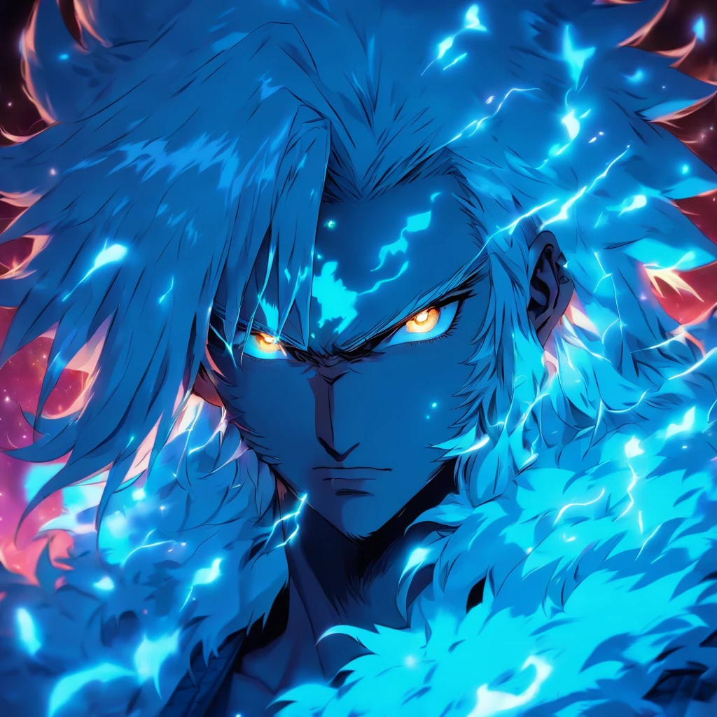 male with white hair and wolf ears, light beard stubble, glowing blue eyes