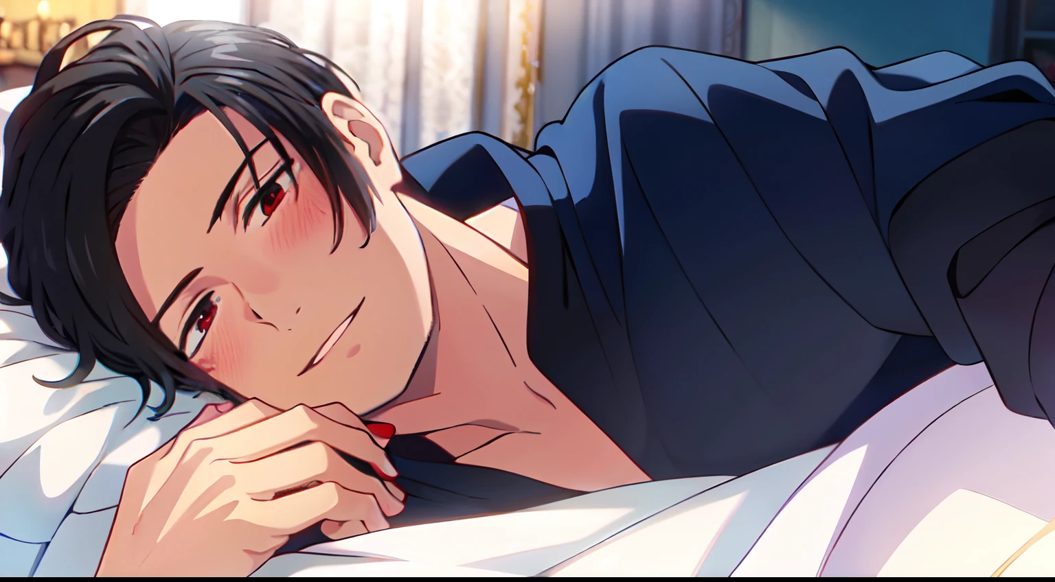masterpiece, 1Man, Solo, luci\(obeyme\) red eyes black hair, indoor, home, look at viewer, bed, (shirtless), sixpack, blush, light smile