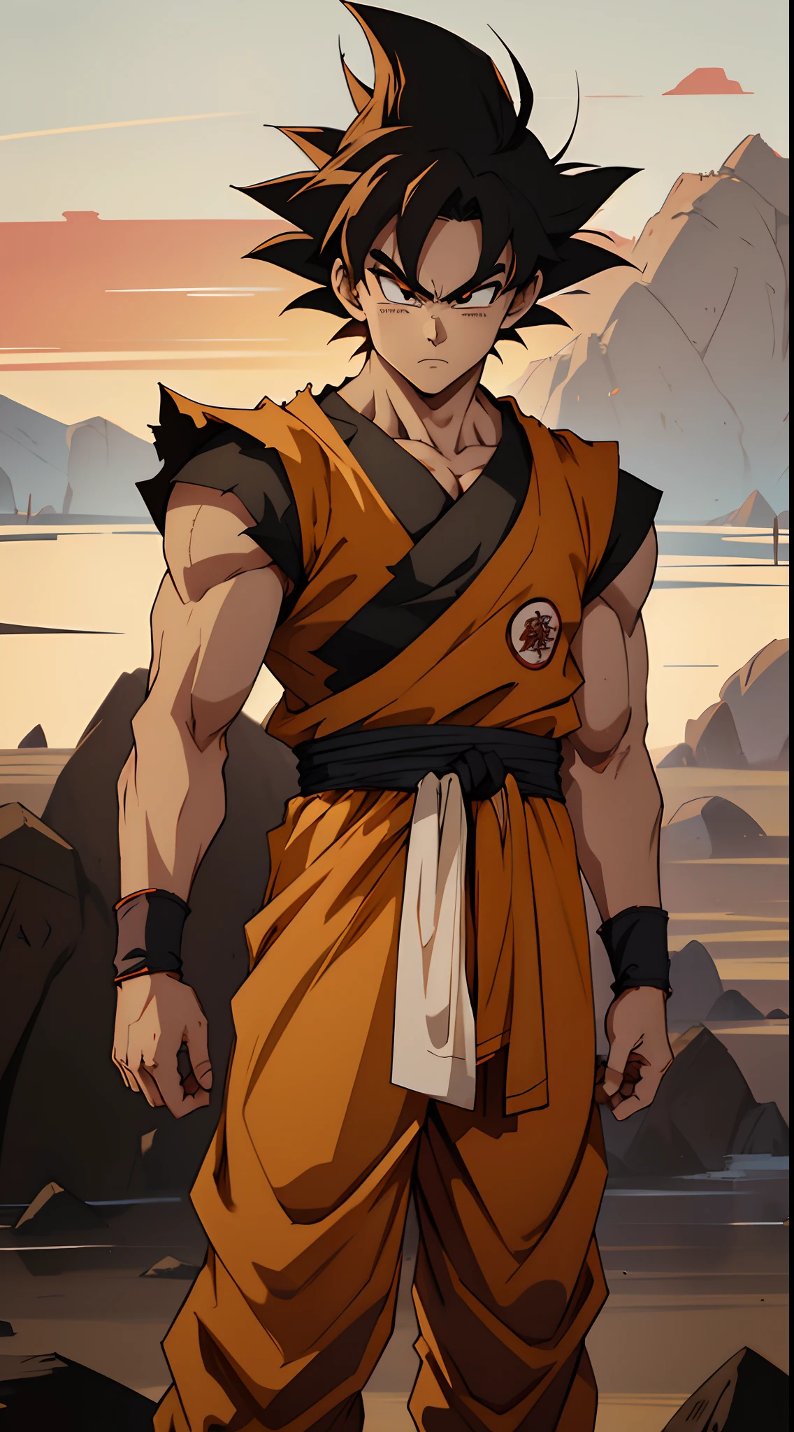 clearface,​master piece,hyper quality,Hyper Detailed,Perfect drawing,in 8K,Solo、1 male, desert soldier attair、faro, yello hair, no Ponytail, Red Ribbon, Standing Pose,、muscular build, Red loincloth(T right)、 Hem fluttering in the wind, samurai armour, feudal japan background, dragon ball goku, (face detail: Goku), red mountains in background, full body image, torn upper body cloths, angry