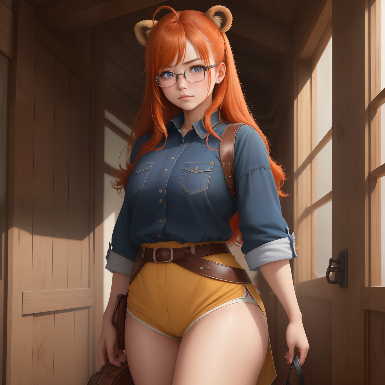8k, masterpiece, best quality, realistic, higly detailed, cowboy shot, 1girl, solo, itsuki, serious looking girl, medium-length hair, expressive ahoge, reddish-orange hair, a pair of star-shaped hairpins near both of her eyes, dark blue eyes, average height, well-endowed figure, glasses, cute, bear of sloth