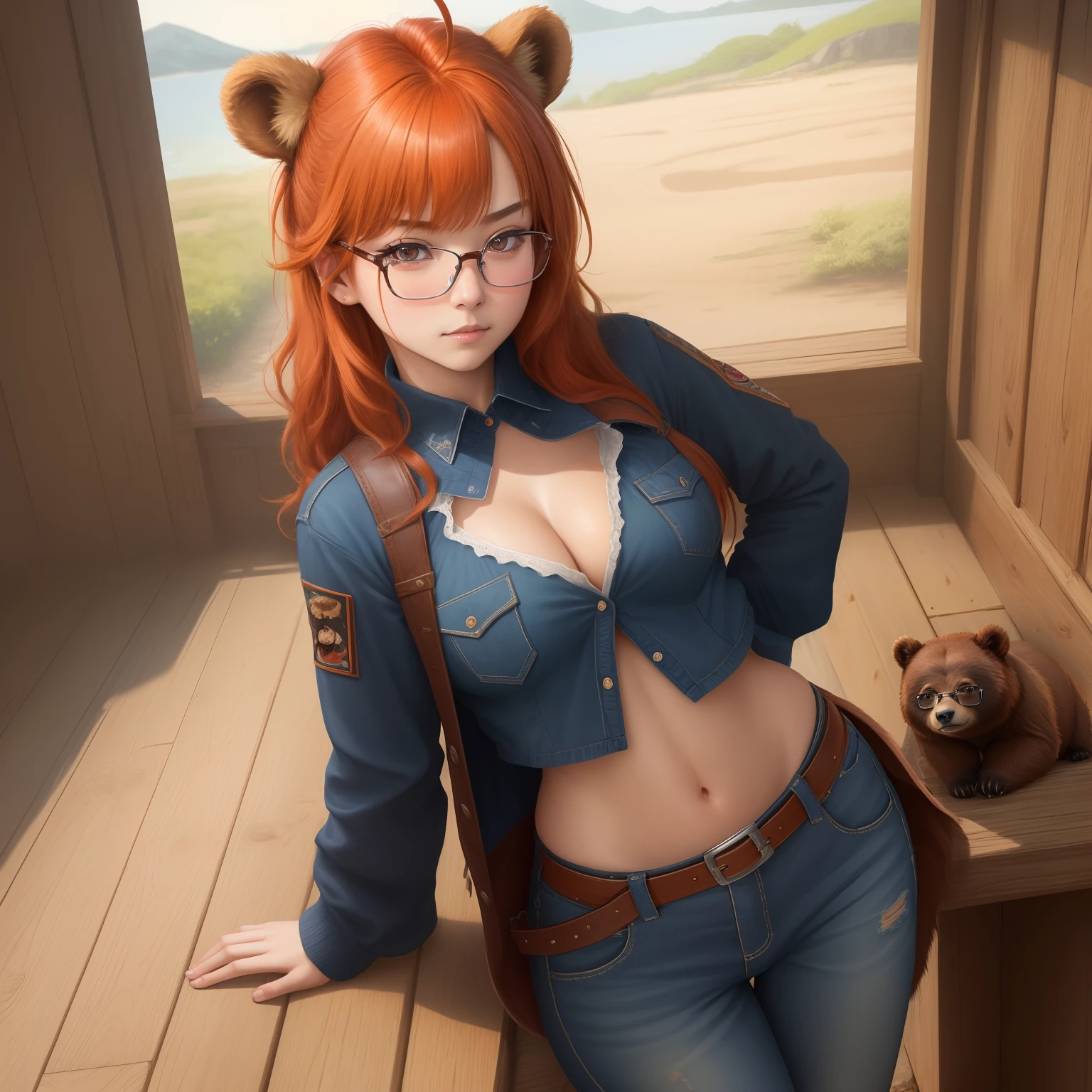8k, masterpiece, best quality, realistic, higly detailed, cowboy shot, 1girl, solo, itsuki, serious looking girl, medium-length hair, expressive ahoge, reddish-orange hair, a pair of star-shaped hairpins near both of her eyes, dark blue eyes, average height, well-endowed figure, glasses, cute, bear of sloth