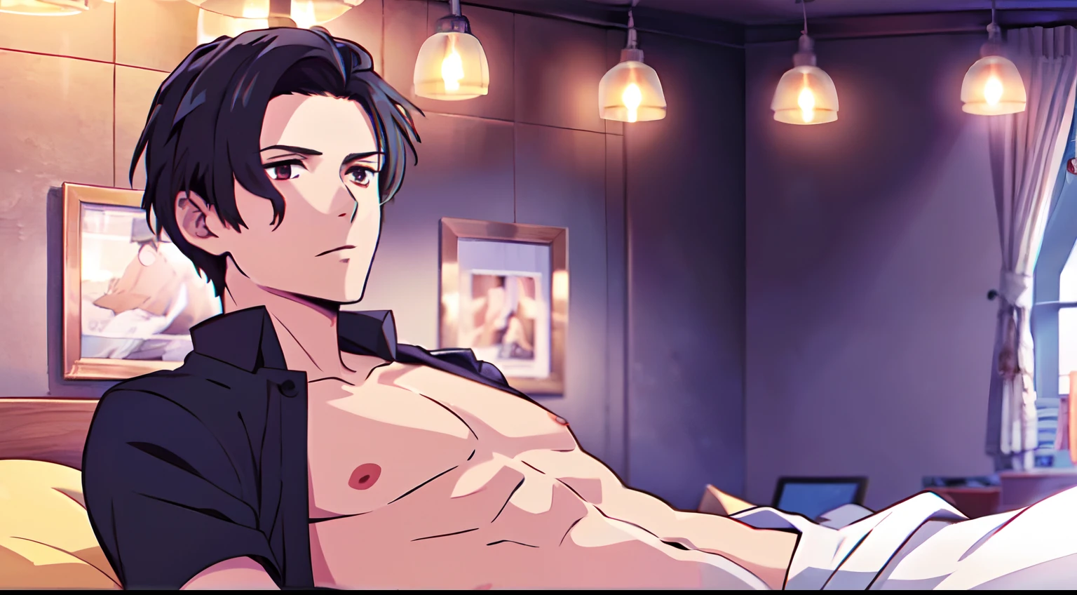 masterpiece, 1Man luci\(obeyme\) red eyes black hair, luci\(HumanWorld\), indoor, home, look at viewer, bed, shirtless, sixpack