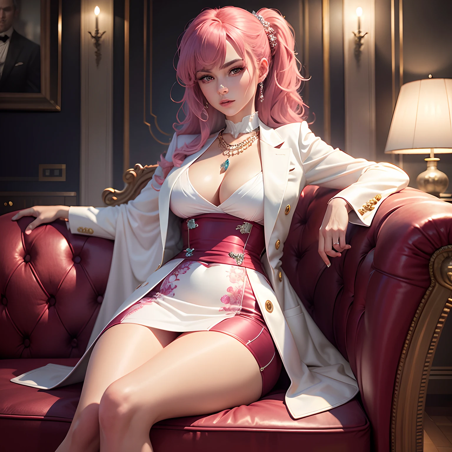High detail CG,rich details,Magnificent villa,red wine,Dress normally,White coat,Successful girls,Wear an exaggerated necklace,Blue-pink hair,Sitting on the villa sofa,The art of clocking in