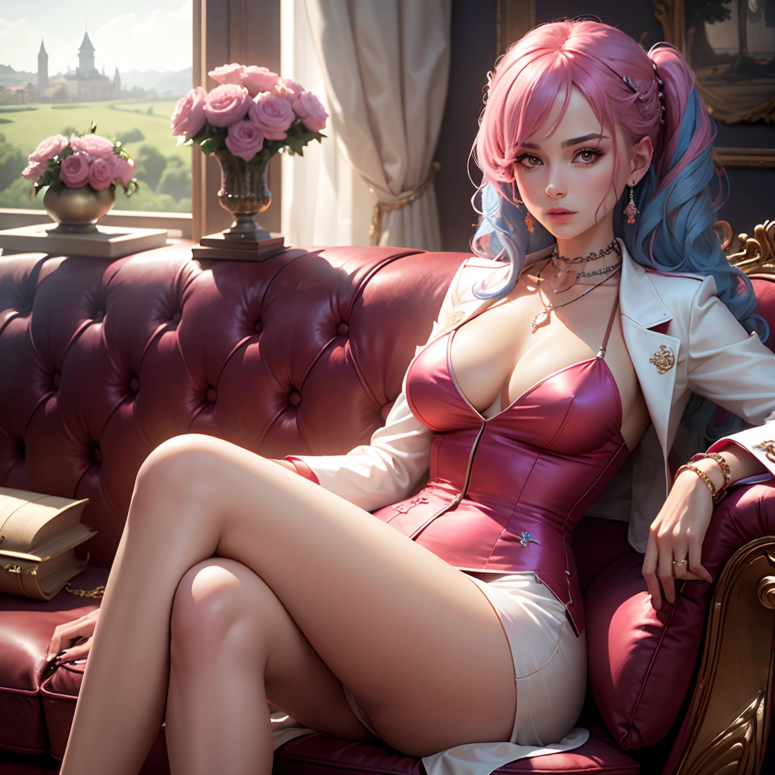 High detail CG，rich details​，Magnificent villa，red wine，Dress normally，White coat，Successful girls，Wear an exaggerated necklace，Blue-pink hair，Sitting on the villa sofa，The art of clocking in