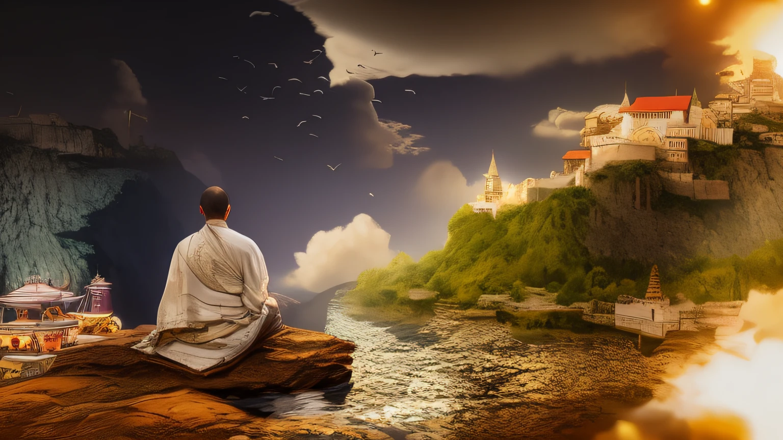 Monge Arafed sentado em uma rocha com vista para uma cidade e um rio, monge meditar, Monge budista meditando, orar meditando, hindu stages of meditation, Meditando, holy man looking down at the ground, Monge budista, Zen Meditation, meditation, budismo, monge, imagem de alta qualidade, papel de parede hd, Meditating in lotus position, roupas de monge, pintura fosca da mente humana