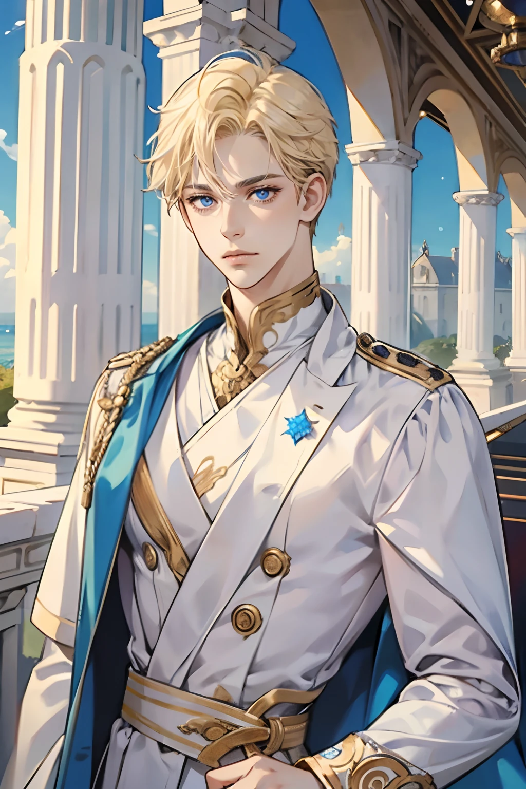 1boy, young male, Perfect male body,Eyes look at the camera, (prince, White royal costume, with short golden hair, Blue eyes, Sad expression), Outdoor, marbled columns,Expose forehead,Ray tracing,Portrait, half body