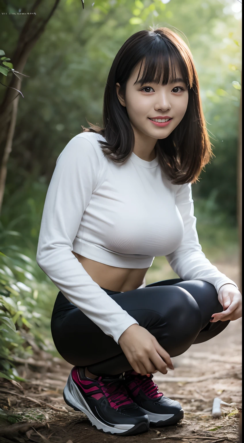 (top-quality、超A high resolution、masterpiece:1.3)、Tall and beautiful woman、longeyelashes, Medium hair with bangs, longeyelashes, Parted lips, surrealism, drop shadow, anaglyph, Verism, depth of fields, Backlighting, Expose F/1.2, Super Detail, ccurate, Best Quality, Stand and look down, low angle shot:1.1, masutepiece, Detailed moisturized eyes, Textured skin, wetted skin, Best Quality, in 8K, blurry backround, ((big breasts thin waist, skinny thigh:1.1, long legged)), (Colossal tits), Natural Color Lip, ssmile, Young woman in perfect style shirt, campsite, long Sleeve T-Shirt, Hiking shoes, 2-person tent