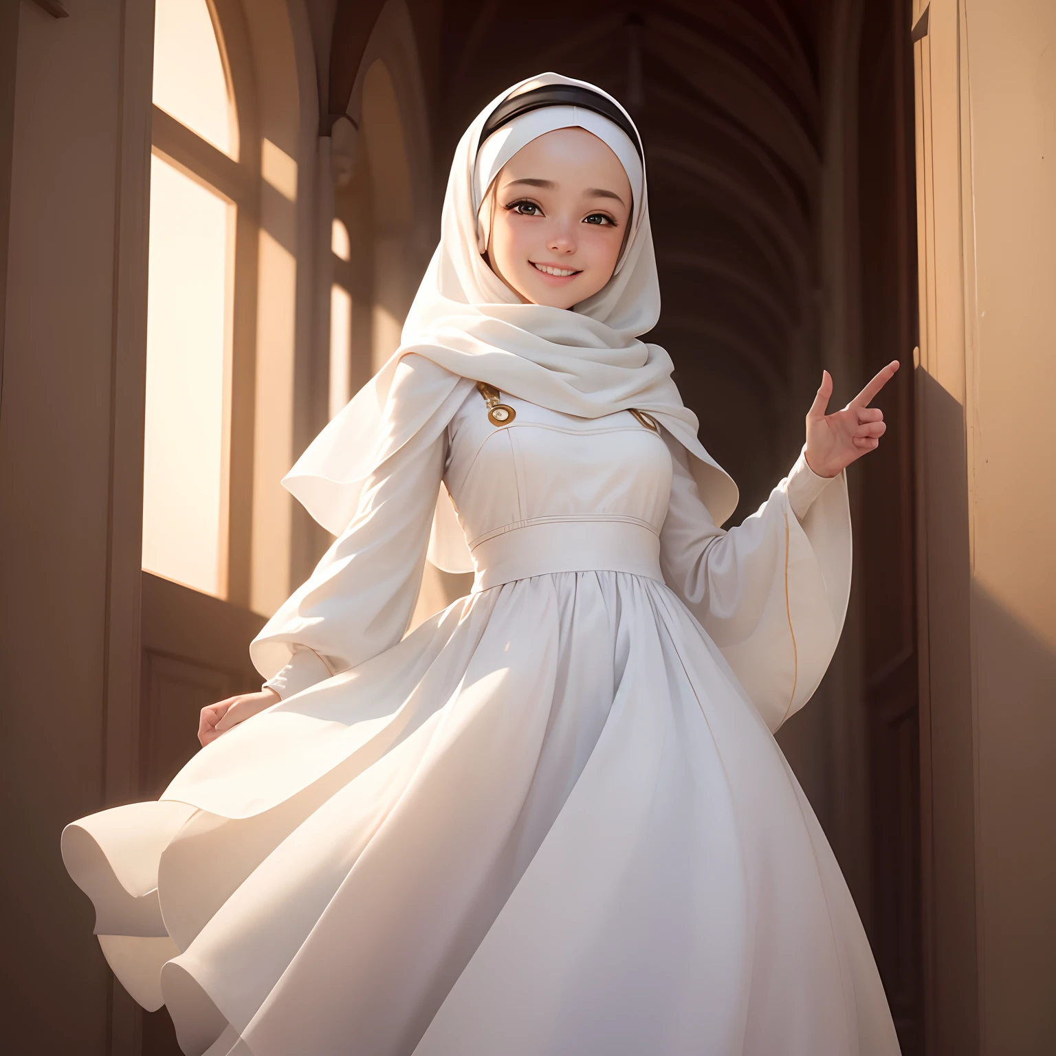 Create an image of a cheerful young girl wearing a pristine white hijab and a matching white dress. She should be extending her hand in a welcoming gesture, and her clothing should be modest and fully covering. The background should be bright and inviting, with soft lighting to enhance the warmth of the scene. Please ensure that her facial expression is genuinely happy and welcoming, with a friendly smile on her face. The overall ambiance should radiate a sense of hospitality and positivity