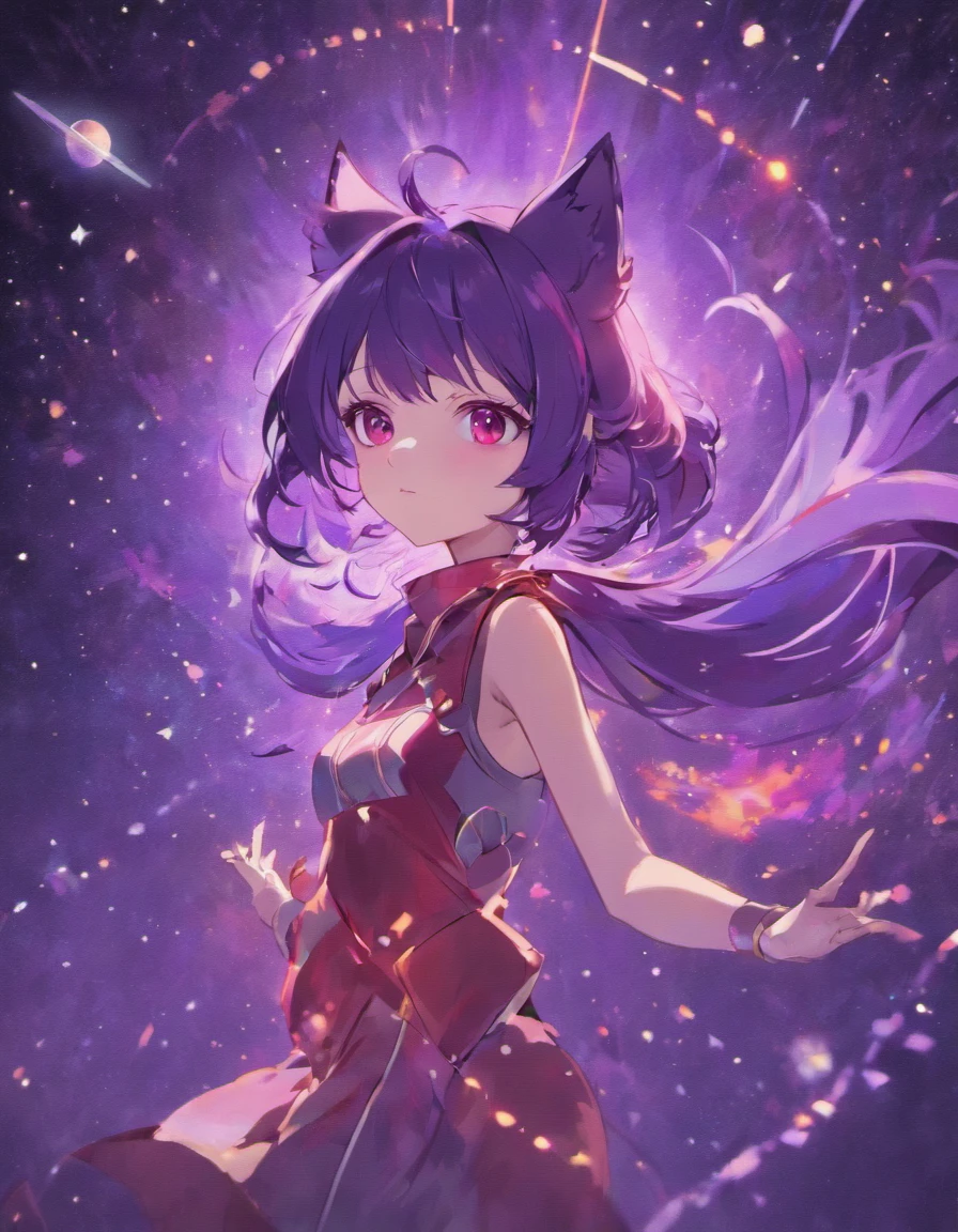 Cosmic foxgirl, foxgirl in space, red eyes, intense eyes, purple hair, small breasts, lonely expression, fox ears, dark purple hair, vivid background, space debris in background, dark plum colored hair, large fox ears, planets in background