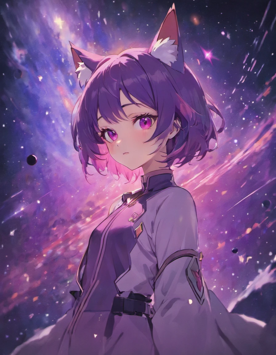Cosmic foxgirl, foxgirl in space, red eyes, intense eyes, purple hair, small breasts, lonely expression, fox ears, dark purple hair, vivid background, space debris in background, dark plum colored hair, large fox ears, planets in background