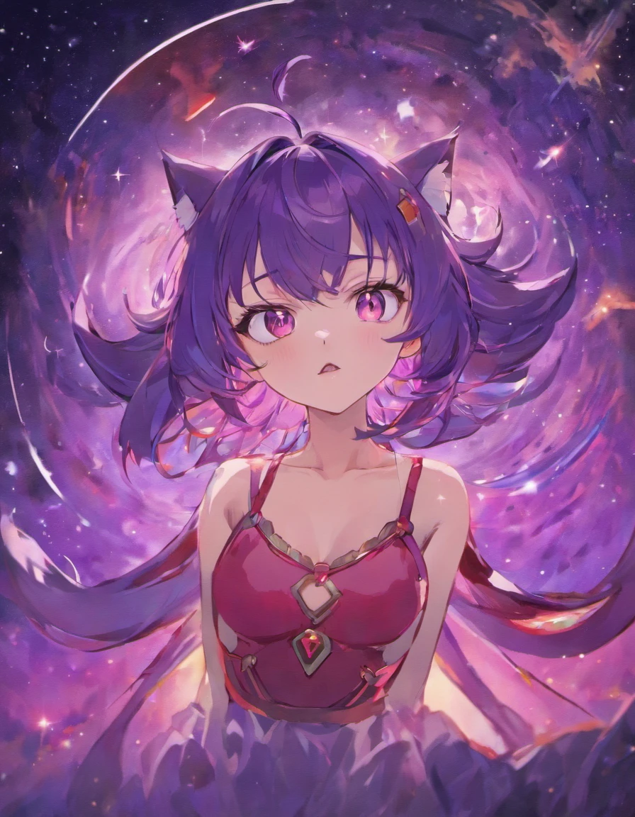 Cosmic foxgirl, foxgirl in space, red eyes, intense eyes, purple hair, small breasts, lonely expression, fox ears, dark purple hair, vivid background, space debris in background, dark plum colored hair, large fox ears, planets in background