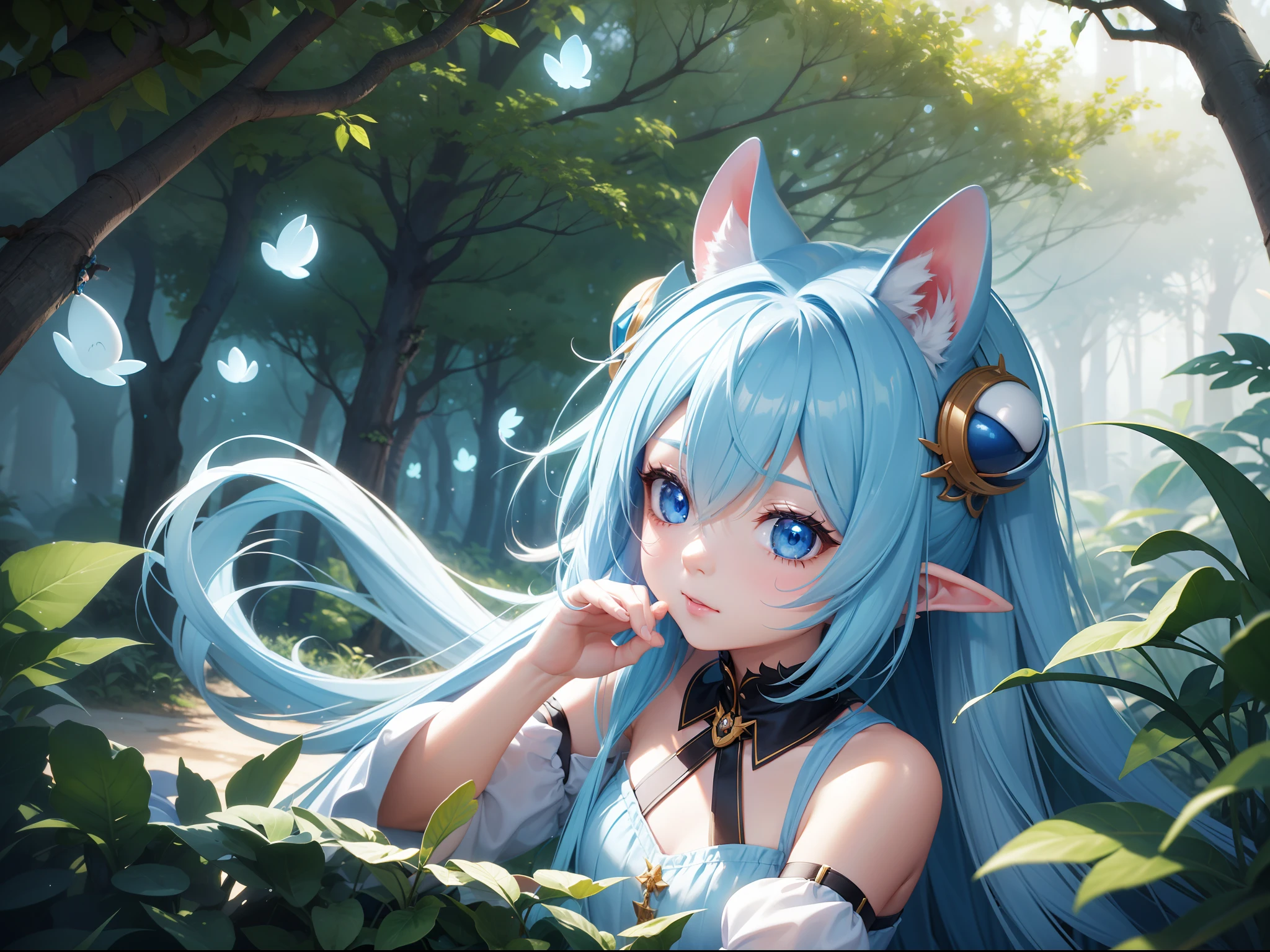 In the forest、There is a small white rabbit with long ears, White long ears、I'm with a pretty girl with long blue hair。It is a cute white and blue costume。Dark eyes。cute forest creature, Cute mushrooms also grow、Everyone is celebrating Halloween Adorable Digital Painting, cute detailed digital art, the squirrel king, Cute digital art, cute cartoon characters, cute character, CuteCreatures, Cutie, official illustrations, Official art, squirrel, maplestory mouse, astri lohne, cute 3d render