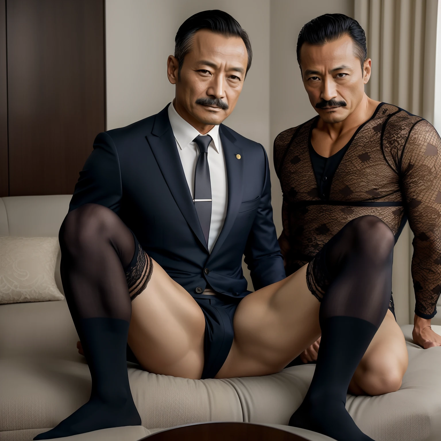 45 yers old，Hidetoshi Nakata ，（Kogoro Mouri 1.3），Two muscular men together，Naked upper body，Crotch contour，Wear lace lingerie，with mustache，tmasterpiece，k hd，black long socks，the feet，Business suit