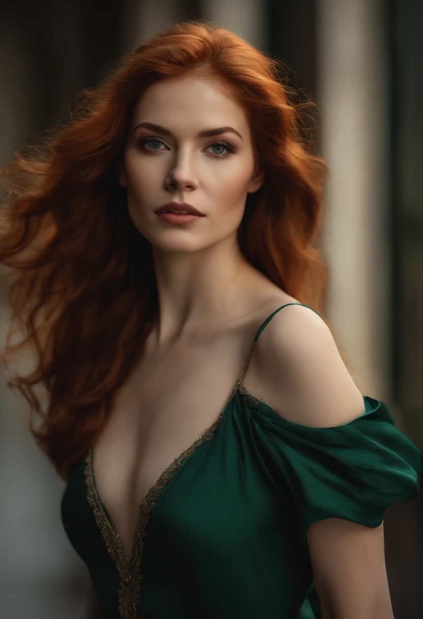 professionnel, (Photo 4K:1.1) par (Jeremy Lipking:0.3), (Dittmann Anna:0.3), (jiner:0.3), (mise au point nette:1.3), High detail, Porter (Chemise moulante:1.2), beautifull detailed face, An attractive woman with long red hair looks at the camera, resembling actress Katherine McNamara, Panasonic Lumix S Pro 50mm F/1.4, Anne Stokes, splash of color, dark orange and dark emerald, Ferrania P30, photo realist, (attractive young woman:1.3), (Seductive:1.1), (rougissant:1.1), Forme du corps du sablier, Gros seins ronds, hanches larges, in the background city