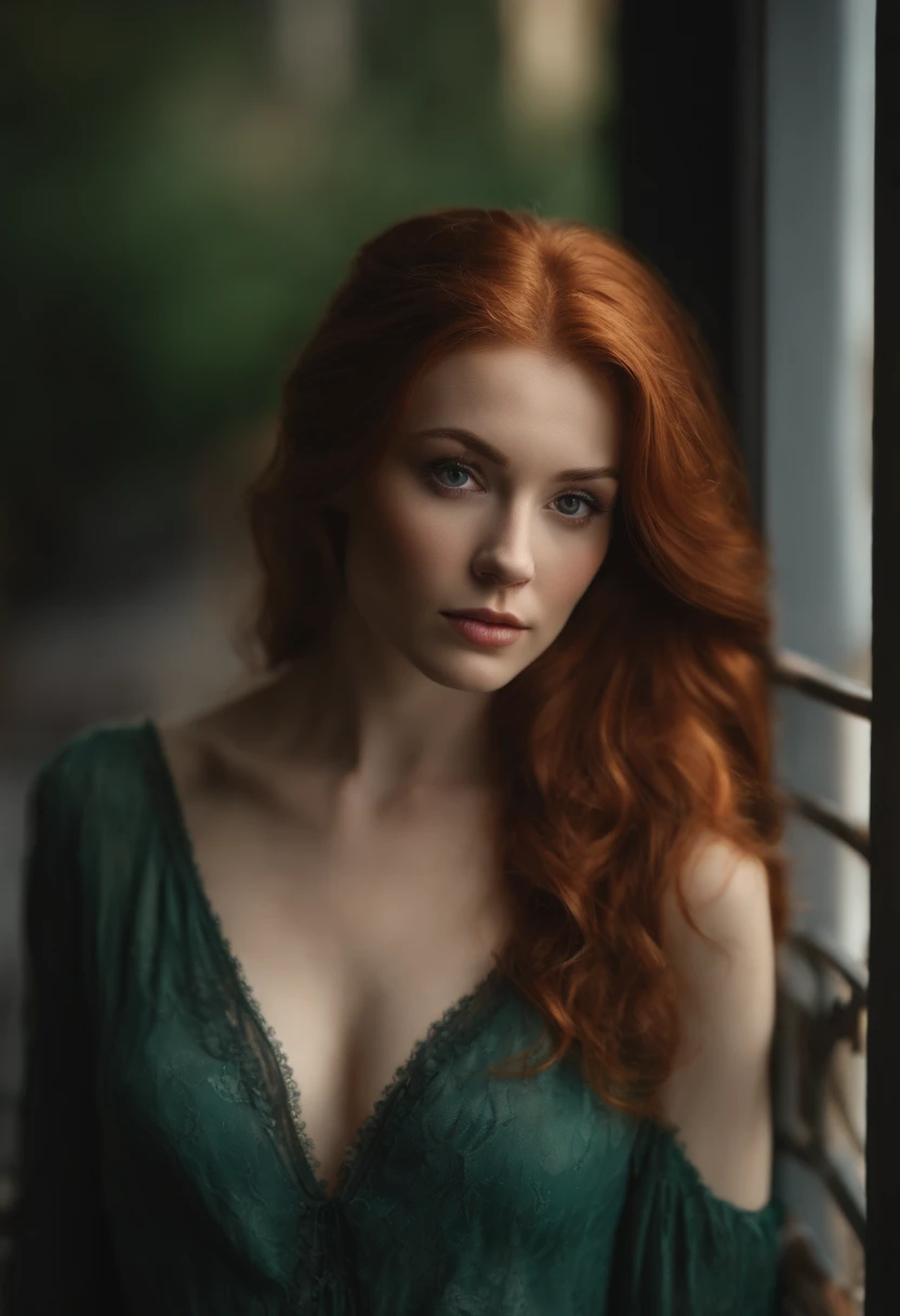 professionnel, (Photo 4K:1.1) par (Jeremy Lipking:0.3), (Dittmann Anna:0.3), (jiner:0.3), (mise au point nette:1.3), High detail, Porter (Chemise moulante:1.2), beautifull detailed face, An attractive woman with long red hair looks at the camera, resembling actress Katherine McNamara, Panasonic Lumix S Pro 50mm F/1.4, Anne Stokes, splash of color, dark orange and dark emerald, Ferrania P30, photo realist, (attractive young woman:1.3), (Seductive:1.1), (rougissant:1.1), Forme du corps du sablier, Gros seins ronds, hanches larges, in the background city