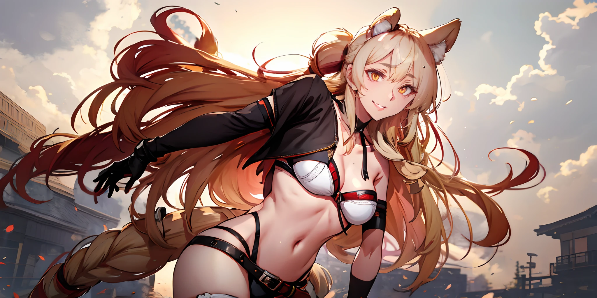 (blonde hair, long hair, kemonomimi:1.7), yellow eyes, 1girl, breasts, solo, navel, belt, large_breasts, revealing_clothes, torn_clothes, looking_at_viewer, cleavage, gloves, floating_hair, buckle, holding, parted_lips, stomach, standing, choker, bare_shoulders, collarbone, black_gloves, strapless, midriff, belt_buckle, thighhighs, single_thighhigh, skindentation, elbow_gloves, bandages, RAW candid cinema, 16mm, color graded portra 400 film, remarkable color, ultra realistic, textured skin, remarkable detailed pupils, realistic dull skin noise, visible skin detail, skin fuzz, dry skin, shot with cinematic camera