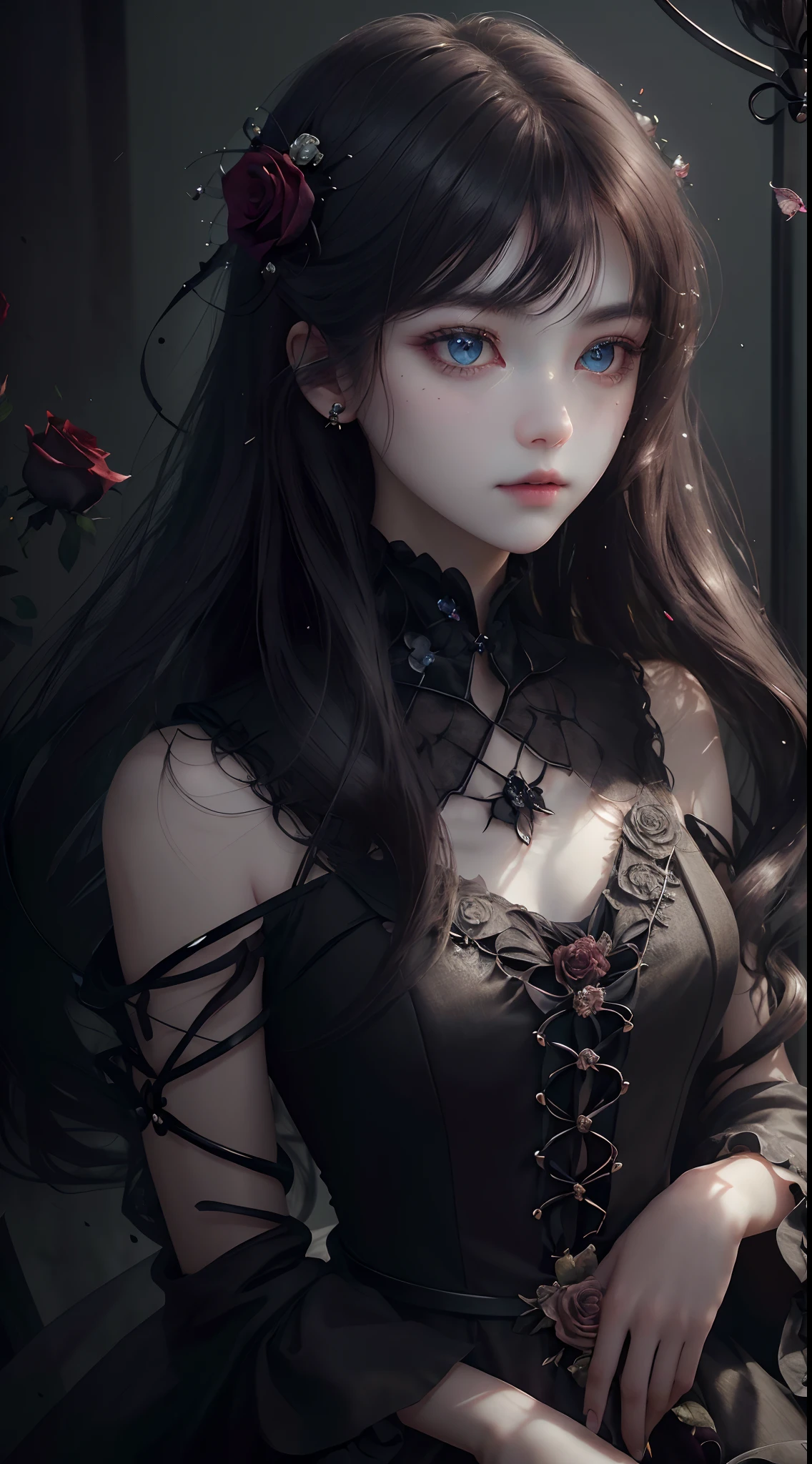 A  girl，Wilted roses，Gothic，whaite hair，Hyper-Resolution，accuracy，detail render，（Delicate facial portrayal）（Fine hair portrayal）（highest  quality）（Master masterpieces）（High degree of completion）（a sense of atmosphere）tmasterpiece，ultra - detailed（half-body portrait）