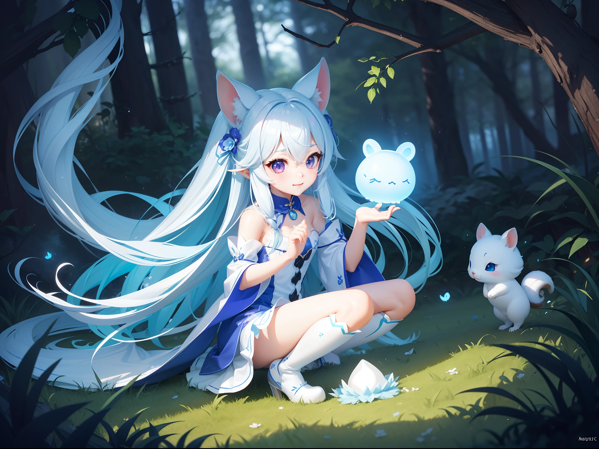 There are small white rabbits with carrots and long ears, White long ears、I'm with a girl with long blue hair and a chibi character。It is a cute sexy costume in white and blue。white panty Dark eyes。cute forest creature, Cute mushrooms also grow、Adorable Digital Painting, cute detailed digital art, the squirrel king, Cute digital art, cute cartoon characters, cute character, CuteCreatures, Cutie, official illustrations, Official art, squirrel, maplestory mouse, astri lohne, cute 3d render
