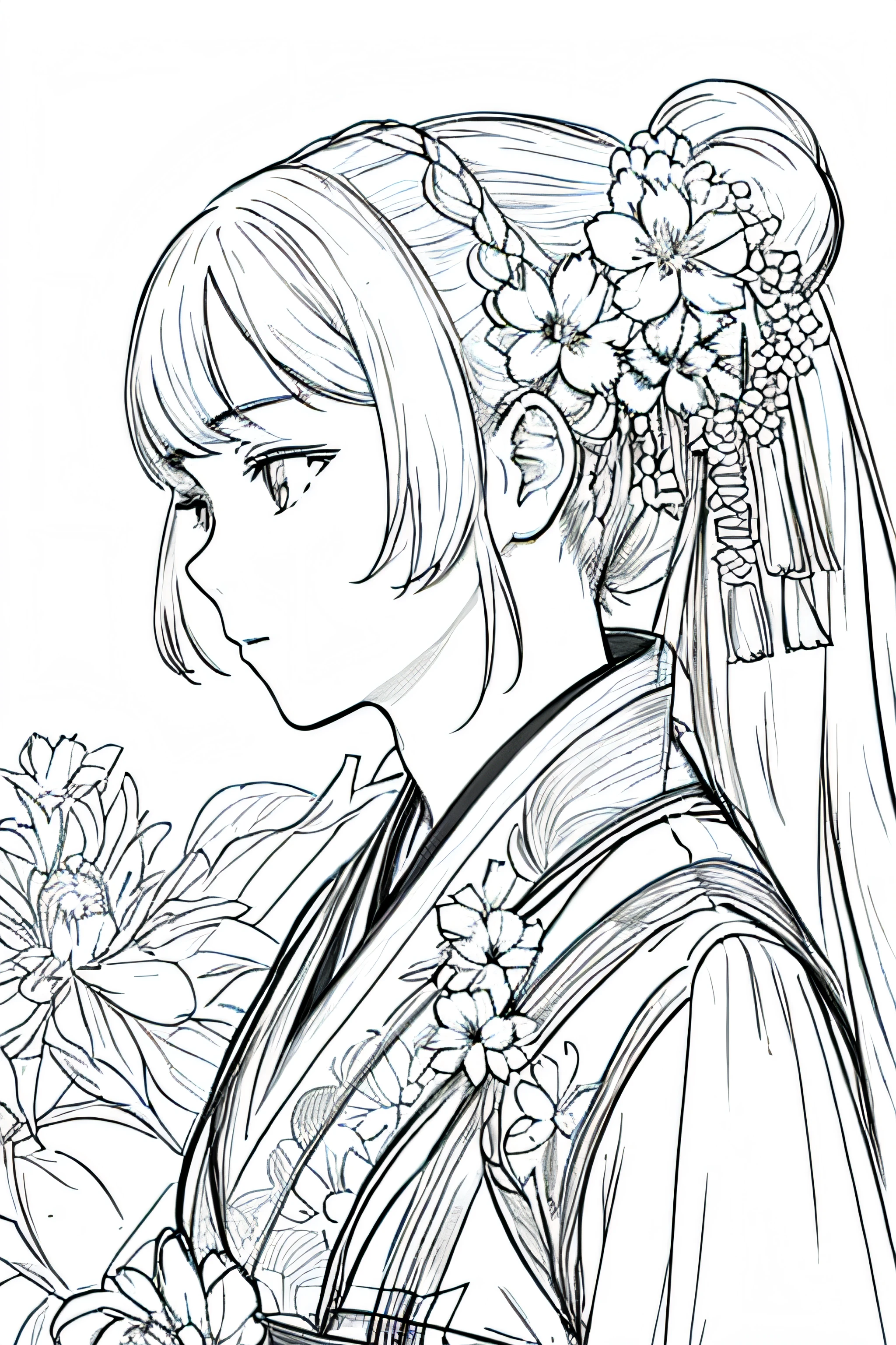 masterpiece, acura, 1girl, solo, hanfu, long hair, profile close-up, flower line drawing background, white background, monochrome, line drawing, ((sketch))