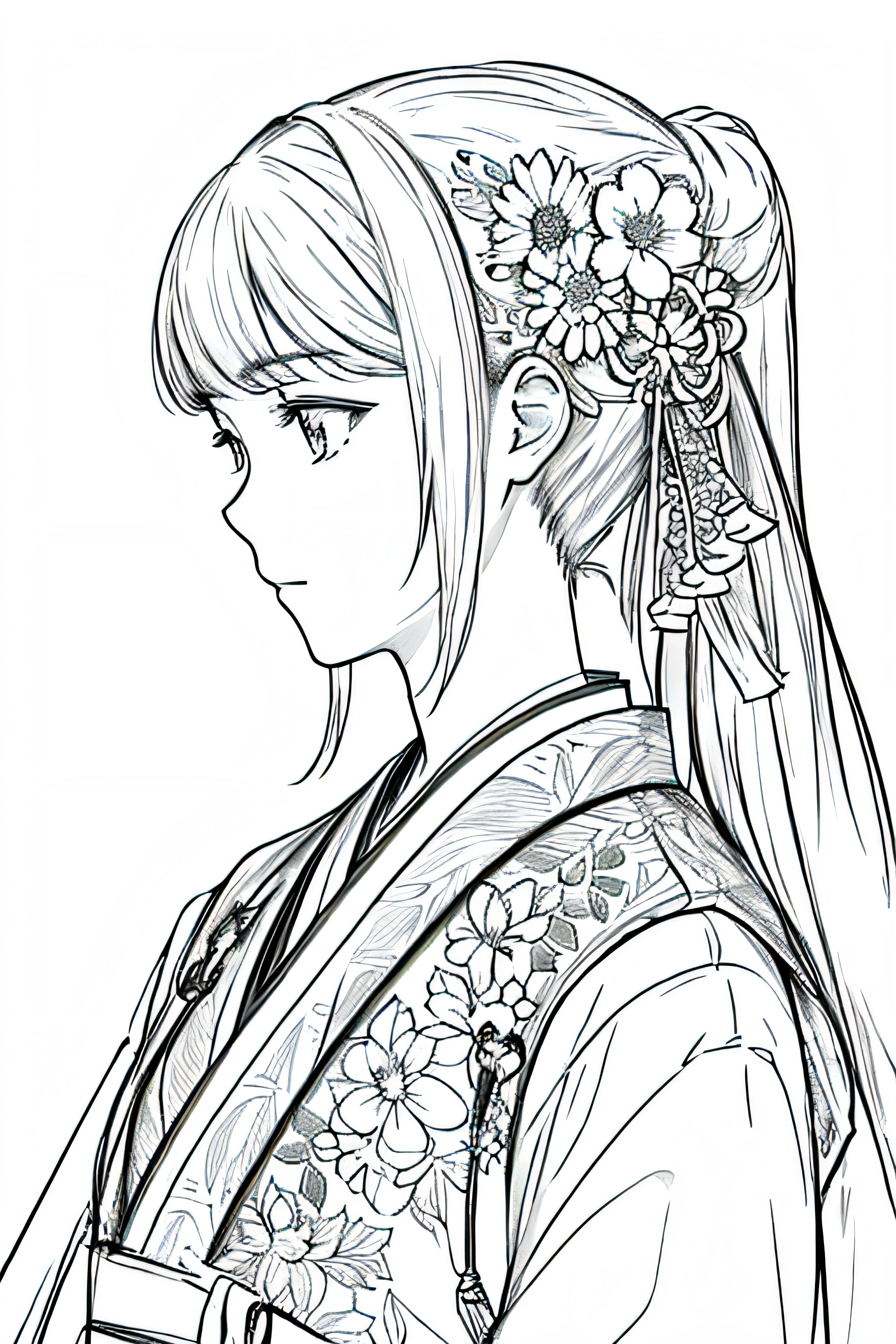 masterpiece, acura, 1girl, solo, hanfu, long hair, profile close-up, flower line drawing background, white background, monochrome, line drawing, ((sketch))