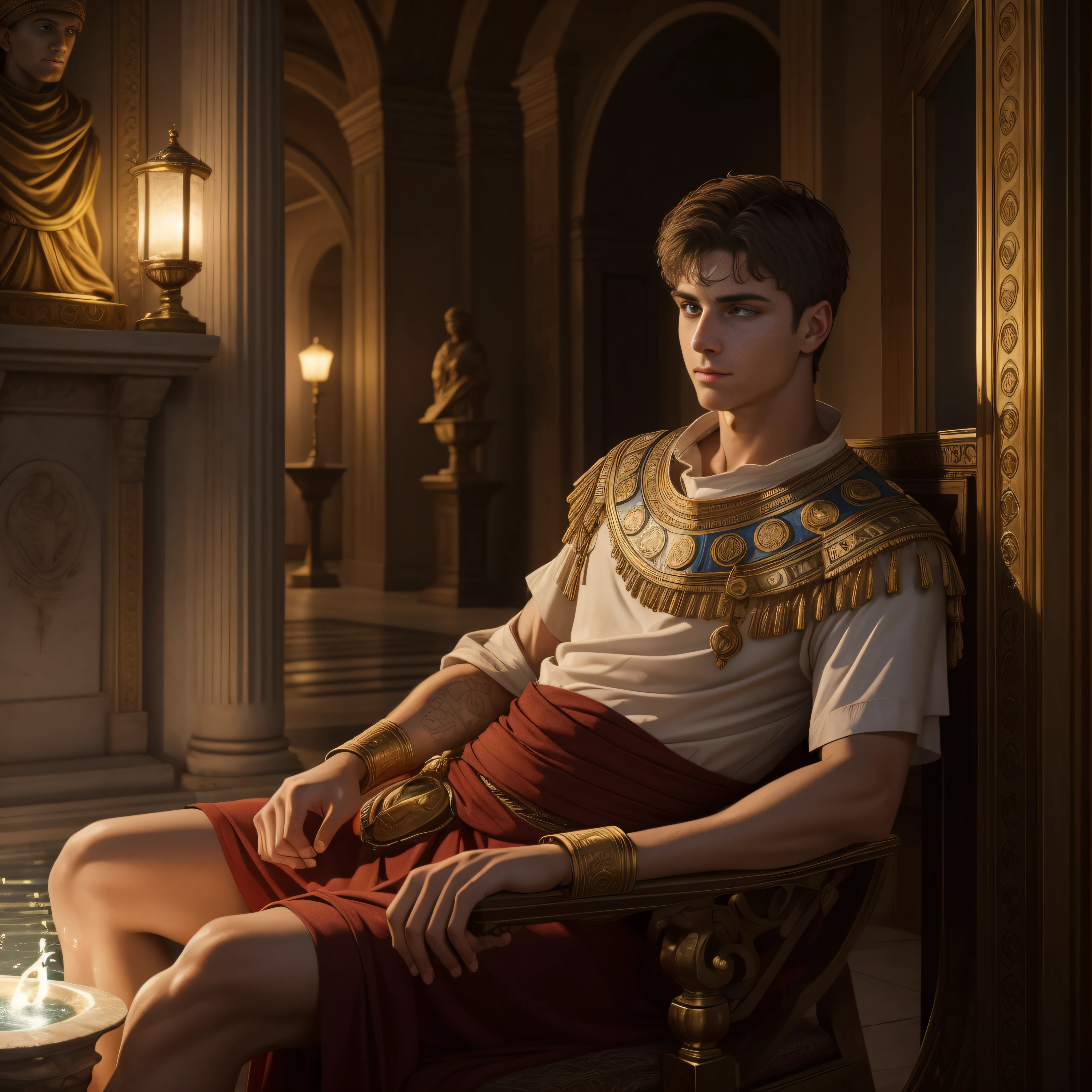 "(best quality,ultra-detailed,realistic:1.37),Ancient Roman Empire,late empire,17-year-old Constantine the Great wearing a tunic,interior of a villa,energetic physique,mixed expression of elation,anger, and melancholy,illuminated by lamplight,sitting near a fountain,staring at the water surface, vibrant colors,blue right eye,red left eye."