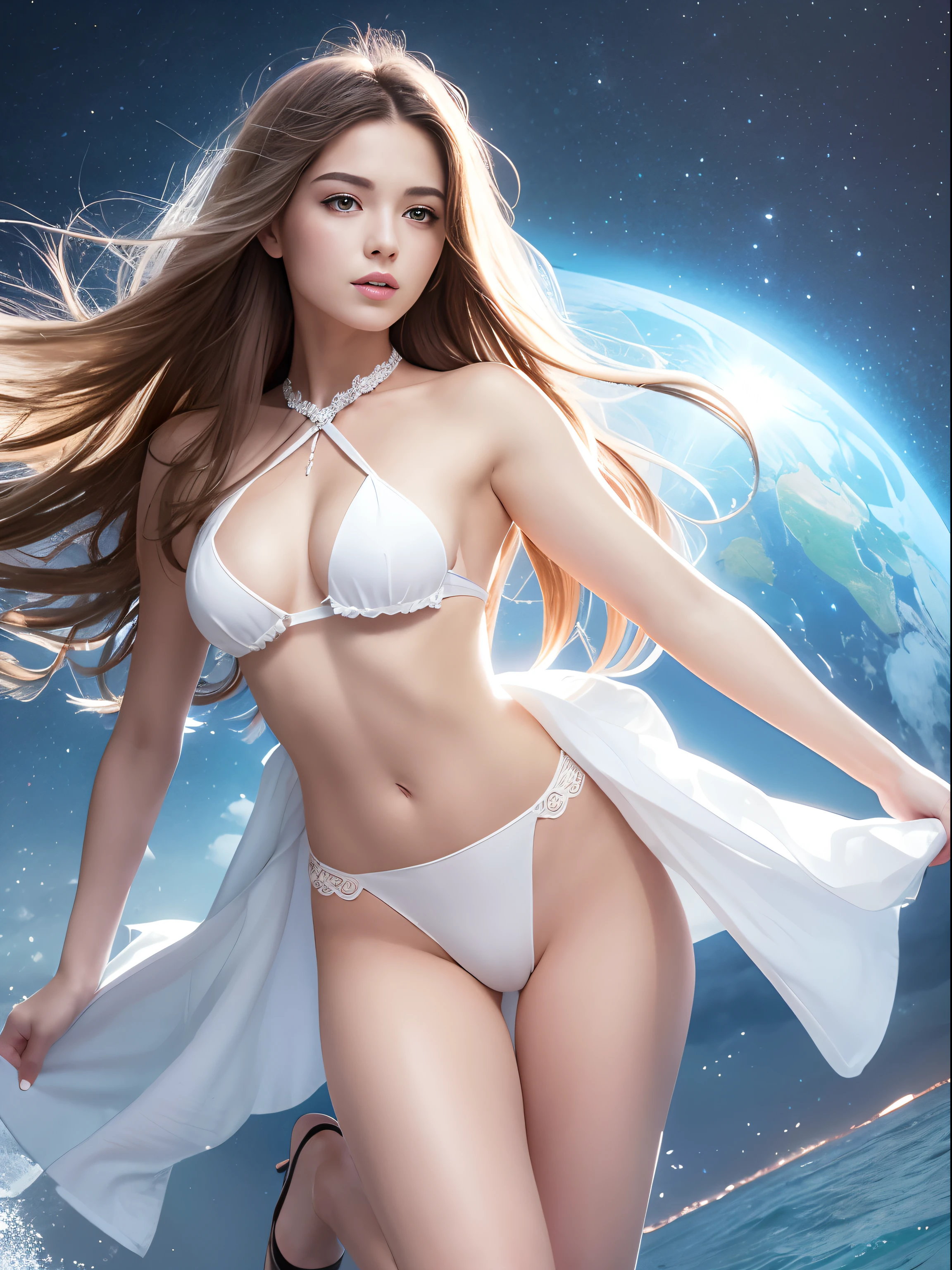 Highest Quality, excellent details, 超A high resolution, (fidelity: 1.4), The best illustrations, Photograph the whole body,favor details, Highly condensed 1girl, with a delicate and beautiful face, Delicate collarbones, hightquality, Shyness,Frolic,dance,Soft buttocks,toppless,bare upper body,At the observatory,Wear white high heels,robe blanche