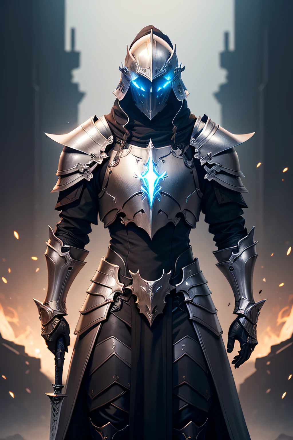 knight, from arknights, anime future knight, , the style of wlop, fantasy knight, knight, royal emperor, dark souls knight, off-white plated armor, wearing heavy armor , black heavy armor with gold trim, smooth anime cg art, artorias armor , glowing sword. full helmet, no face