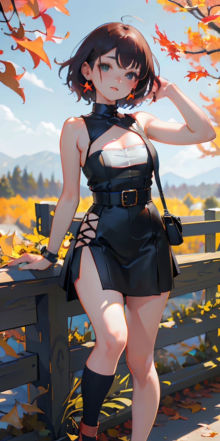 realisticlying、girl with、Outdoor Fashion、Autumn leaves Autumn leaves、Beautiful ginkgo tree、Slightly larger breasts with an emphasis on cleavage、Sexy Posing、Nature views