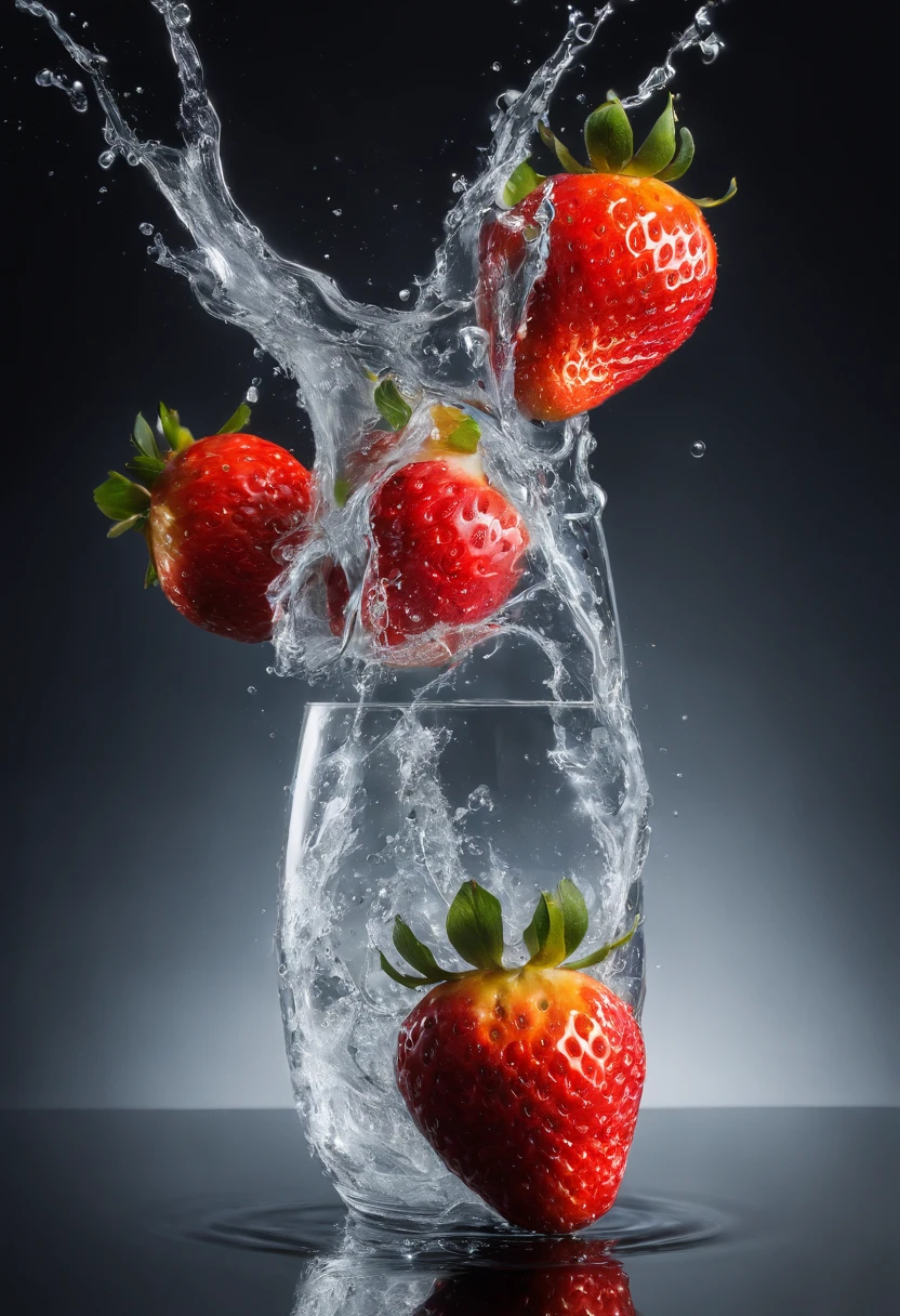 (Cinematic Photo:1.3) of (Realistic:1.3) a studio shot of a (exploding:0.2) (Fruit in low gravity:1.1) (Splashing:0.9) a glass of water with strawberries, oranges and blueberries in it, splash image, full-color, on a canva, splashes of liquid, drinks, a fruit basket, strong red hue, hgh, evokes delight, water swirling, by Fred Marcellino, top selection on unsplash, professional food photography, art photography. black background