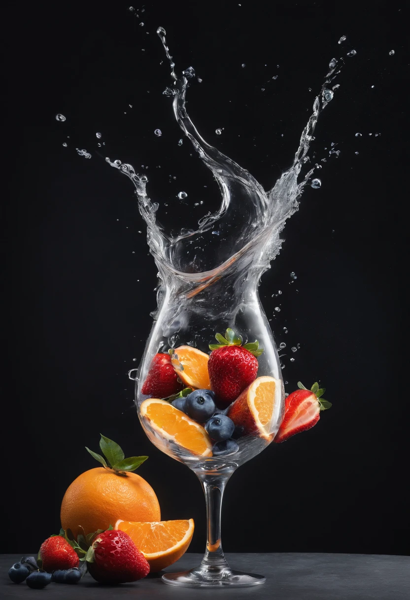 (Cinematic Photo:1.3) of (Realistic:1.3) a studio shot of a (exploding:0.2) (Fruit in low gravity:1.1) (Splashing:0.9) a glass of water with strawberries, oranges and blueberries in it, splash image, full-color, on a canva, splashes of liquid, drinks, a fruit basket, strong red hue, hgh, evokes delight, water swirling, by Fred Marcellino, top selection on unsplash, professional food photography, art photography. black background