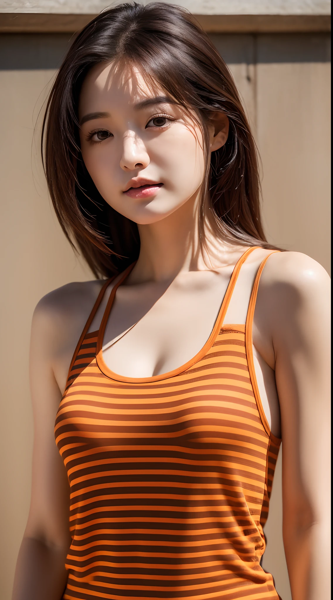 Realistic photos of 1cute Korean star, straight medium hair, 32 inch breasts size, wearing orange striped tank top, pants, walking on the dam, sunshine light, close-up portrait, cinematic lightning, UHD