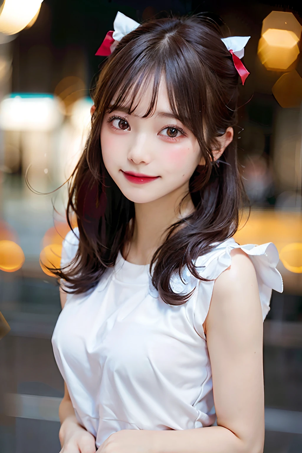 (8k, RAW Photography,top-quality, hight resolution:1.1), (hyper realisitic:1.4),(realisitic, Photorealsitic:1.3), Soft light,large full breasts,girl with,lifelike face,Realistic body,real looking skin,absurderes,masterpiece,(cute little:1.8), Cuties, 独奏, (huge-breasted:1.2), Detailed black eyes,Innocent eyes,blusher,(tshirts:1.2),Cinema Lights,Film Grain,jewely,耳Nipple Ring,((Medium hair:1.1)),((floating hair novafrogstyle)),Cherry-colored lips,Hair Ribbon,Hair Bow,poneyTail,a closeup,looking at viewert,length hair, The upper part of the body, Open lips, Upper teeth, (smile eyes:0.6), ((Grinning:1.2)),depth of fields, blurry backround, eyes focus, Bokeh,年轻, 85mm Lens, F/1.4,professionally lit, 年轻,portlate,Photon Mapping,Radio City,physically-based renderingt/no-bra,large full breasts,