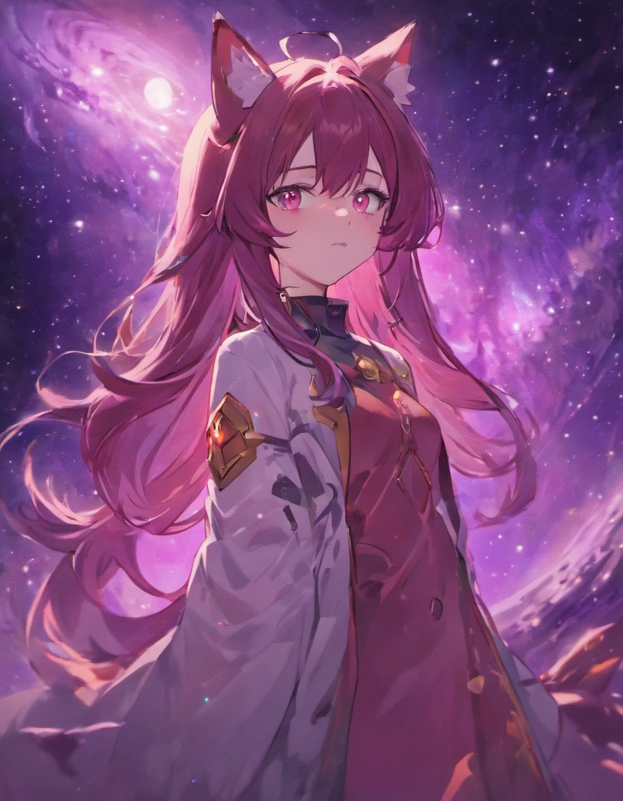 Cosmic foxgirl, foxgirl in space, red eyes, intense eyes, long purple hair, small breasts, lonely expression, fox ears, dark purple hair, vivid background, space debris in background, dark plum colored hair, large fox ears, planets in background, looking into the distance