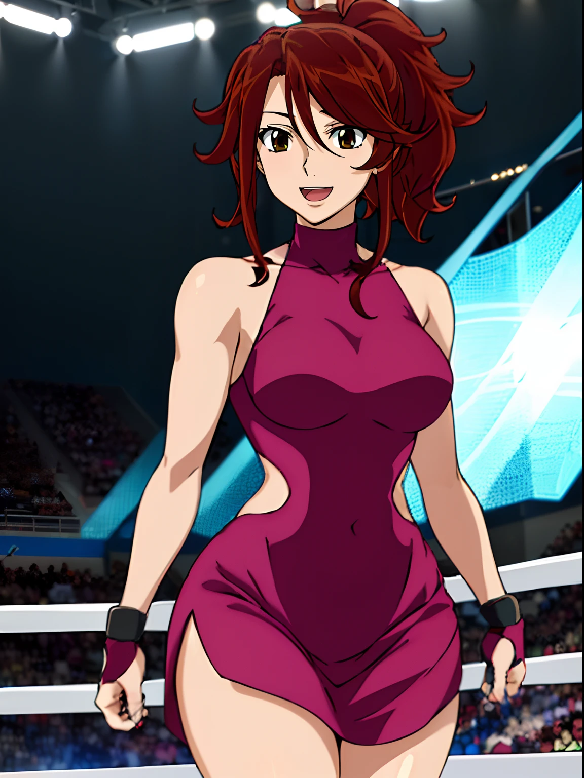 folded arms, sport effects, nice body, , anime style: 1.8, anime drawing, ultra detailed face, ultra detailed body, , 4k, Sumergai Lee Noriega, (standing), best quality, anime style, hires, highest definition, digital blending, bold drawing lines, ((slim waist, female wrestler), (location: wrestling arena, crowds watching), ( (fit girl), athletic, (thick neck), little biceps, thighs, off-shoulders, (curvy: 6.8), lighting, spot lights, very shiny skin), ((short dress)), victorious, winner, , (very big round breasts, smile, open mouth), (big eyes, brown eyes), (laughing), (ponytail), 27 years old, (titling head)