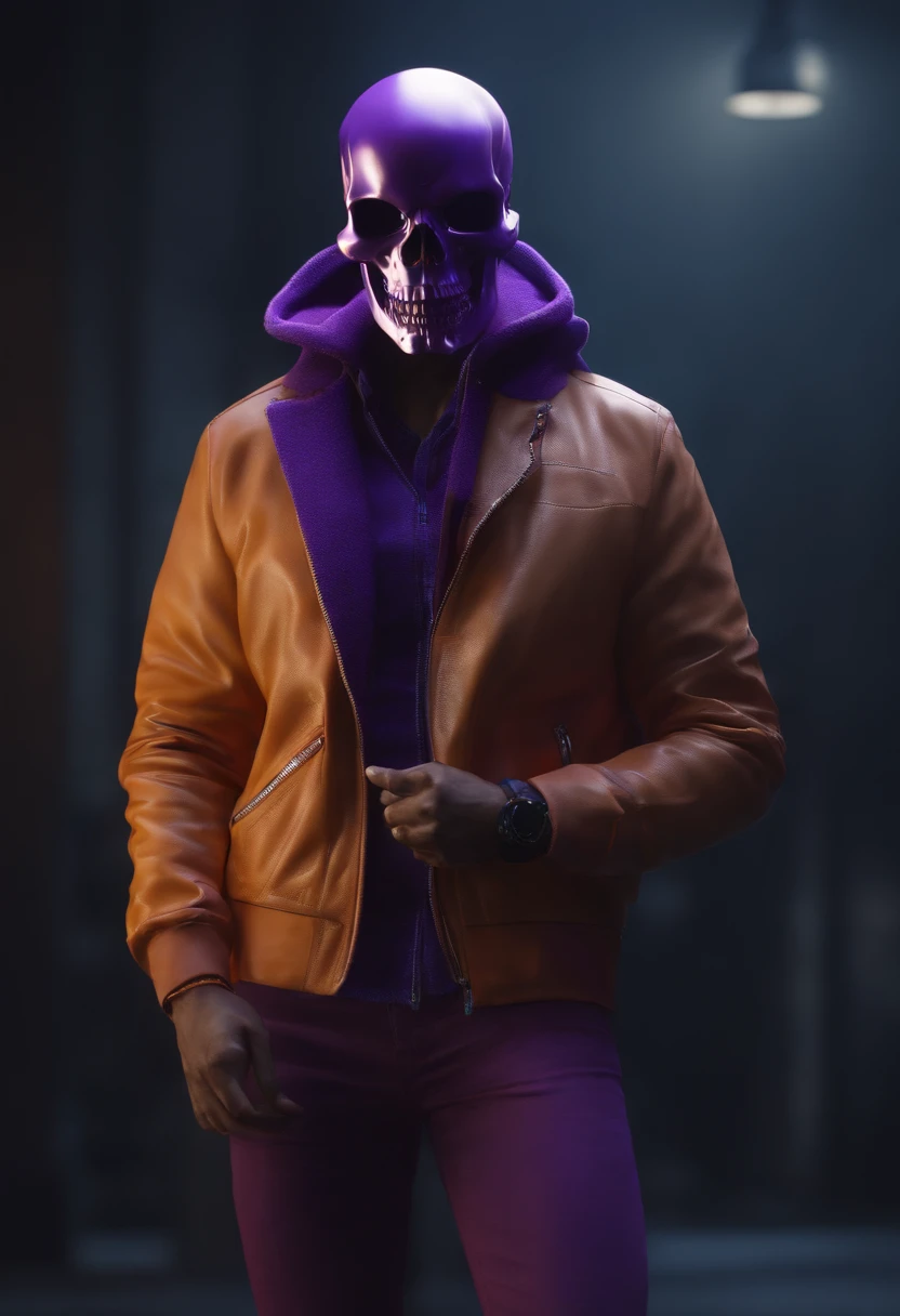Man in purple jacket with skull mask, hyperealistic octane render, detailed glowing head, high octane render, aesthetic octane render, hyper realistic octane render, Roxo Transparente Sci - Capuz FiFi, greg rutkowski octane render, 3d high octane render, physical octane rendering, renderizado em alta octanagem, super detailed octane rendering, renderizado em octanagem
