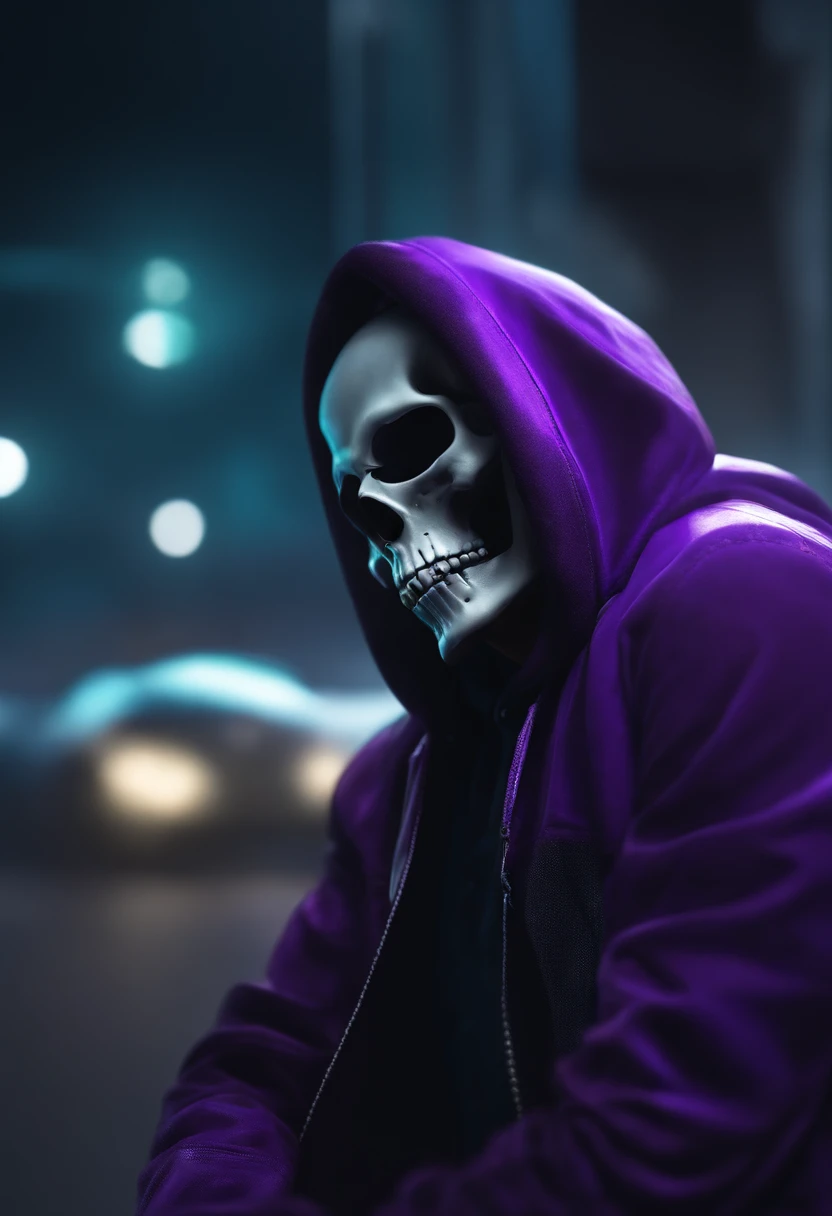 Man in purple jacket with skull mask, hyperealistic octane render, detailed glowing head, high octane render, aesthetic octane render, hyper realistic octane render, Roxo Transparente Sci - Capuz FiFi, greg rutkowski octane render, 3d high octane render, physical octane rendering, renderizado em alta octanagem, super detailed octane rendering, renderizado em octanagem