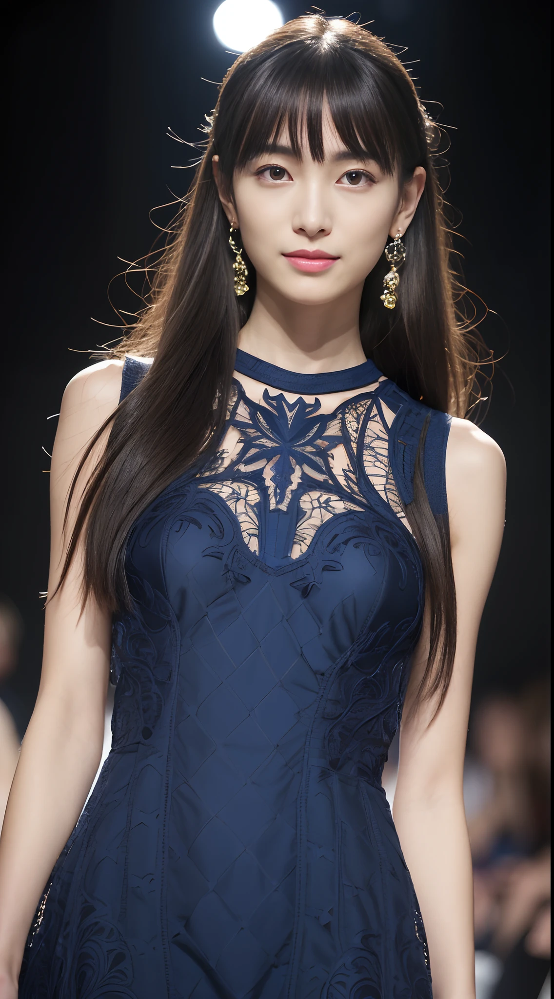 (masutepiece:1.3), (8K), (Best Quality:1.4), (nffsw:1.2), (Photorealistic:1.3),( Raw photography), (1girl in), (ultra high detailed), (Detailed face), Very perfect beautiful and cute face, (detailed hairs), Beautiful hair, Bangs, (Symmetrical eyes:1.3), (Detailed eyes), (Detailed skin), Realistic skin, Shiny skin, Ultra high definition, (medium breasts), (slim figure), (Supermodel Figures), Gentle smile:1.2, (Very beautiful and cute young girl with a Japan with a gentle look), 

(Wearing a dark blue cutwork dress:1.5, Damascus pattern:1.3, Inspired by Versace:1.3                 ), 
(earrings, Necklaces, Bracelets), cowboys_shot:1.2, (Walk the runway at a fashion show)