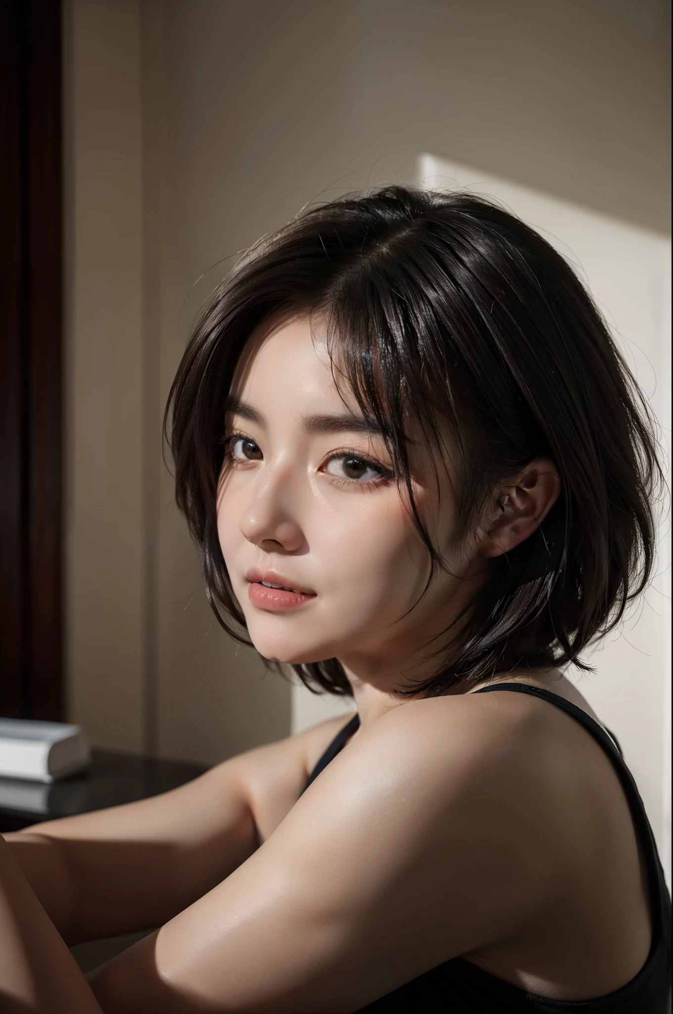 (masuter piece:1.3)、(8K、Photorealsitic、Raw photography、top-quality: 1.4)、(1girl in)、beautiful expression、(Lifelike face)、(A dark-haired、short-hair:1.3)、Beautiful hairstyle、realisticeyes、Beautiful details、（real looking skin）、Beautiful skins、（Competitive swimsuit）、A charming smile、enticing、超A high resolution、A hyper-realistic、high-detail、the golden ratio