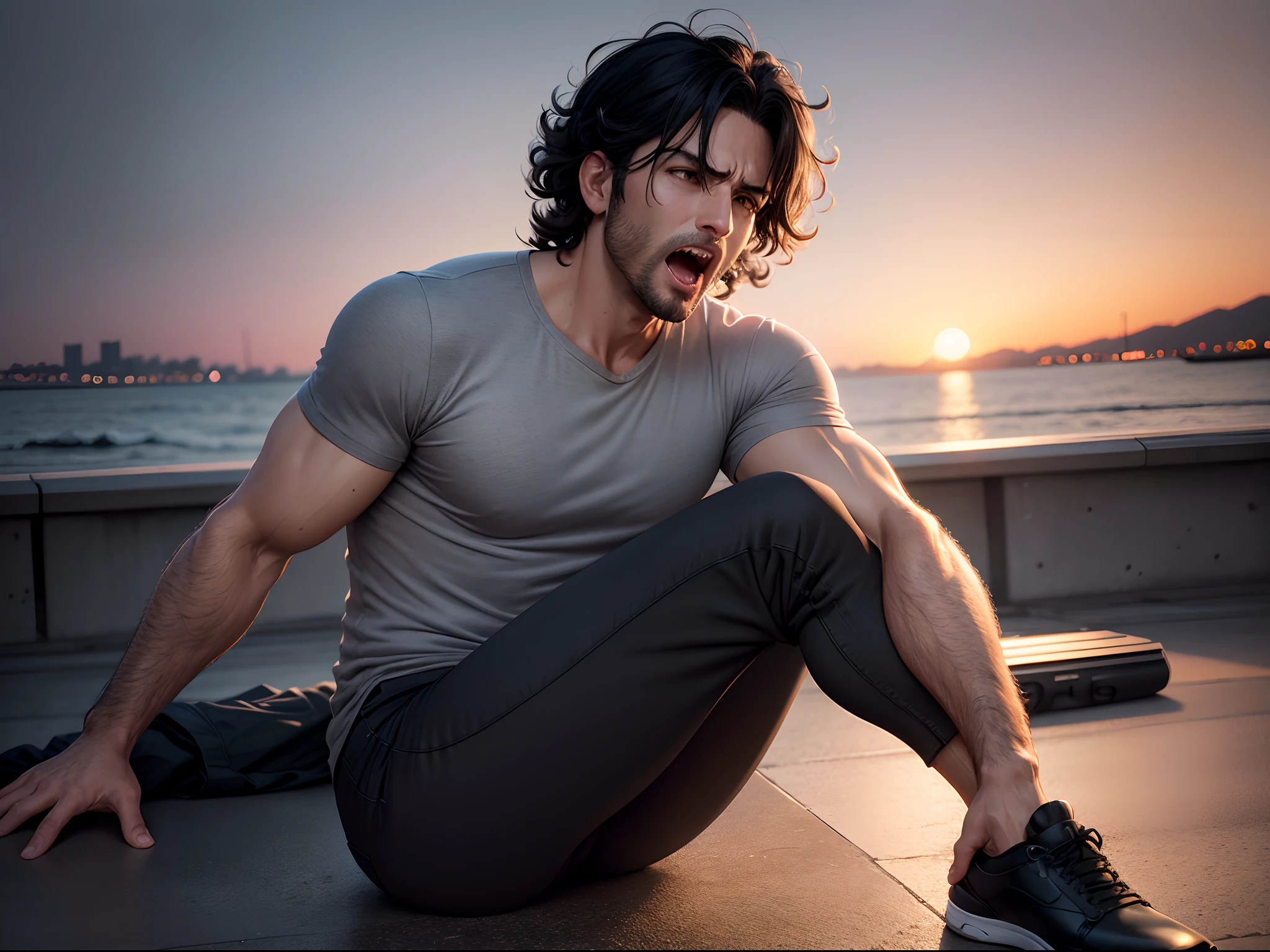 realistic, 8k image of a 35 year old man, medium size curly black hair, strong, seriously injured, dressed in a gray casual shirt and black pants, lying on the floor of a harbor pier, screaming, sunset lighting, art anime style