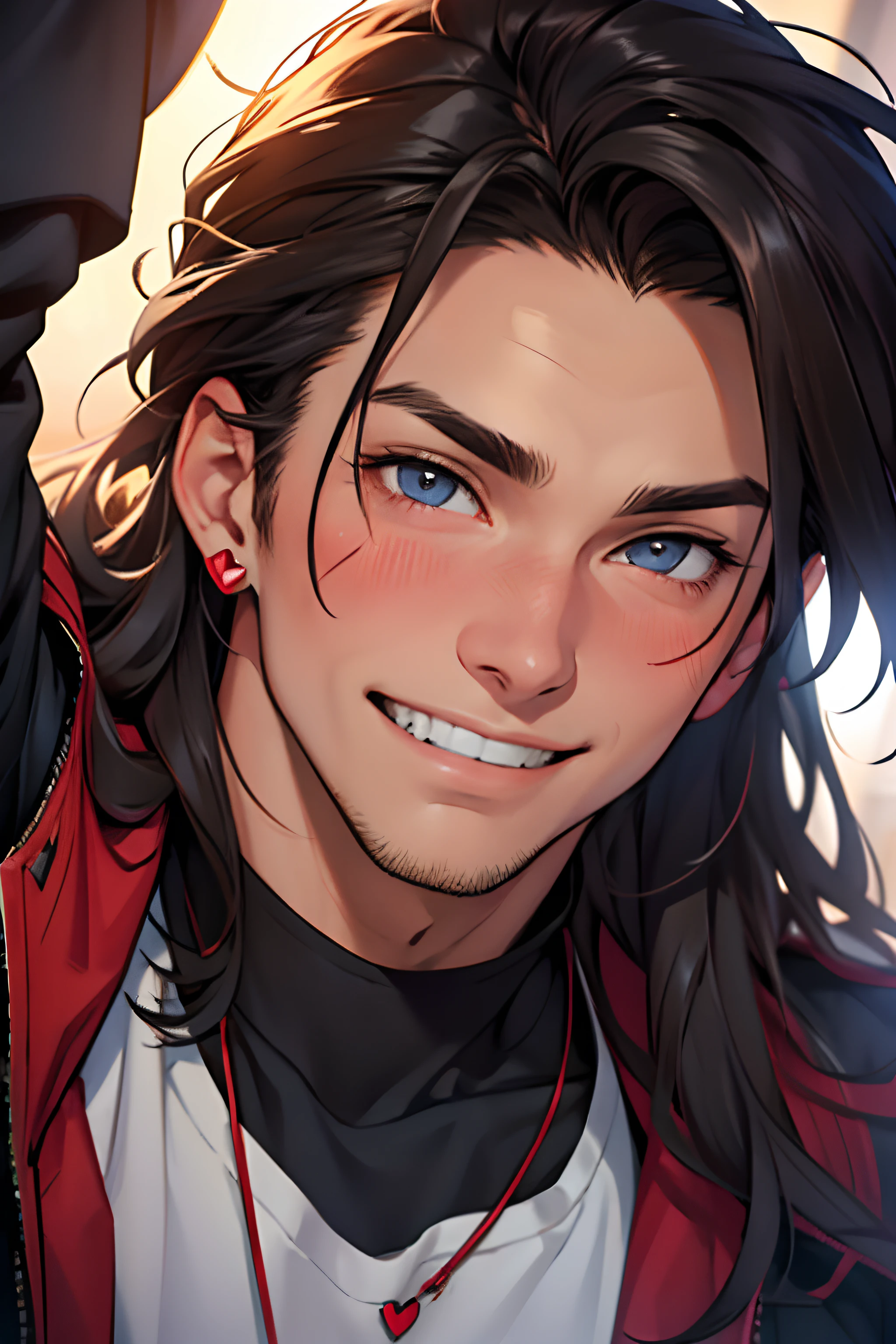 close up,  adult man, strong masculine face, long messy dark hair, grinning with a lovestruck expression, teeth, blushing, hearts, (best quality, ultra-detailed)