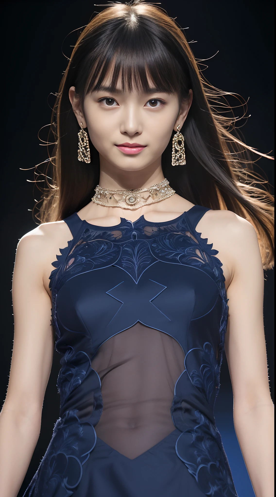 (masutepiece:1.3), (8K), (Best Quality:1.4), (nffsw:1.2), (Photorealistic:1.3),( Raw photography), (1girl in), (ultra high detailed), (Detailed face), Very perfect beautiful and cute face, (detailed hairs), Beautiful hair, Bangs, (Symmetrical eyes:1.3), (Detailed eyes), (Detailed skin), Realistic skin, Shiny skin, Ultra high definition, (medium breasts), (slim figure), (Supermodel Figures), Gentle smile:1.2, (Very beautiful and cute young girl with a Japan with a gentle look),
(Wearing a dark blue cutwork dress:1.5, Damascus pattern:1.3, Inspired by Versace:1.3 ),
(earrings, Necklaces, Bracelets), cowboys_shot:1.2, (Walk the runway at a fashion show)
