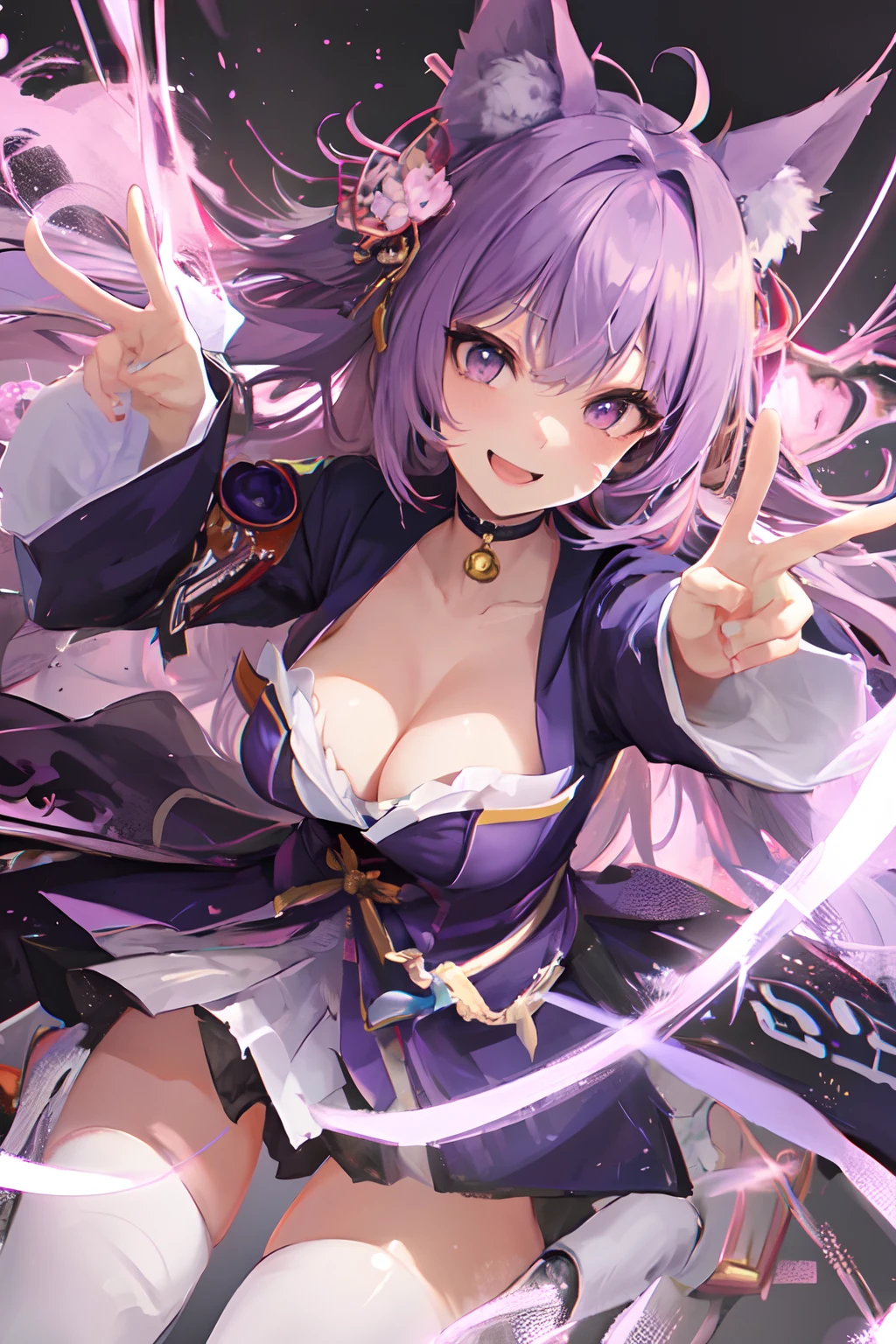 Fox ears , japanese , purple hair , smiling with teeth showing , Purple , breast cleavage , peace sign , jumping pose,