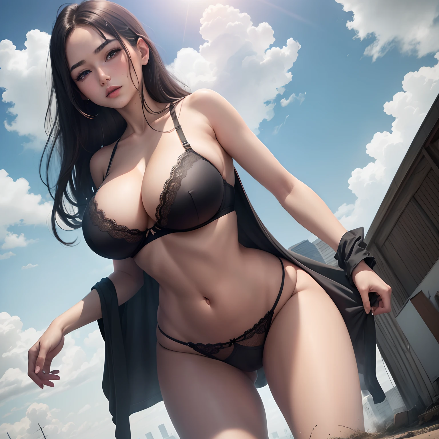 1girl,black_bra,black_hair,black_panties,blue_sky,bra,brown_eyes,building,cleavage,cloud,cloudy_sky,curvy,day,from_below,lace,lace-trimmed_bra,lace-trimmed_legwear,lace-trimmed_panties,lace_bra,lace_panties,lace_trim,large_breasts,lingerie,lips,long_hair,looking_at_viewer,looking_down,realistic,mole,mole_on_breast,mole_on_thigh,mole_under_eye,mole_under_mouth,navel,open_clothes,outdoors,panties,patreon_username,sky,solo,standing,stomach,thighs,underwear
