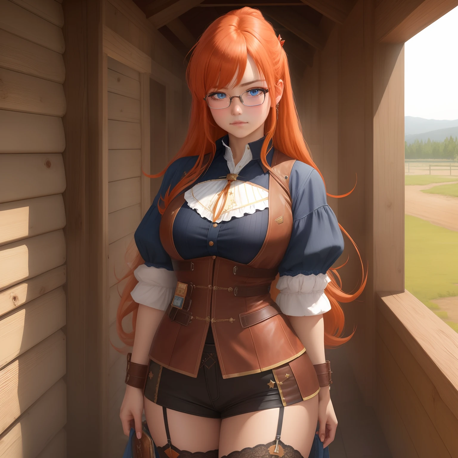8k, masterpiece, best quality, realistic, higly detailed, cowboy shot, 1girl, solo, itsuki, serious looking girl, medium-length hair, expressive ahoge, reddish-orange hair, a pair of star-shaped hairpins near both of her eyes, dark blue eyes, average height, well-endowed figure, glasses, cute, temperancer
