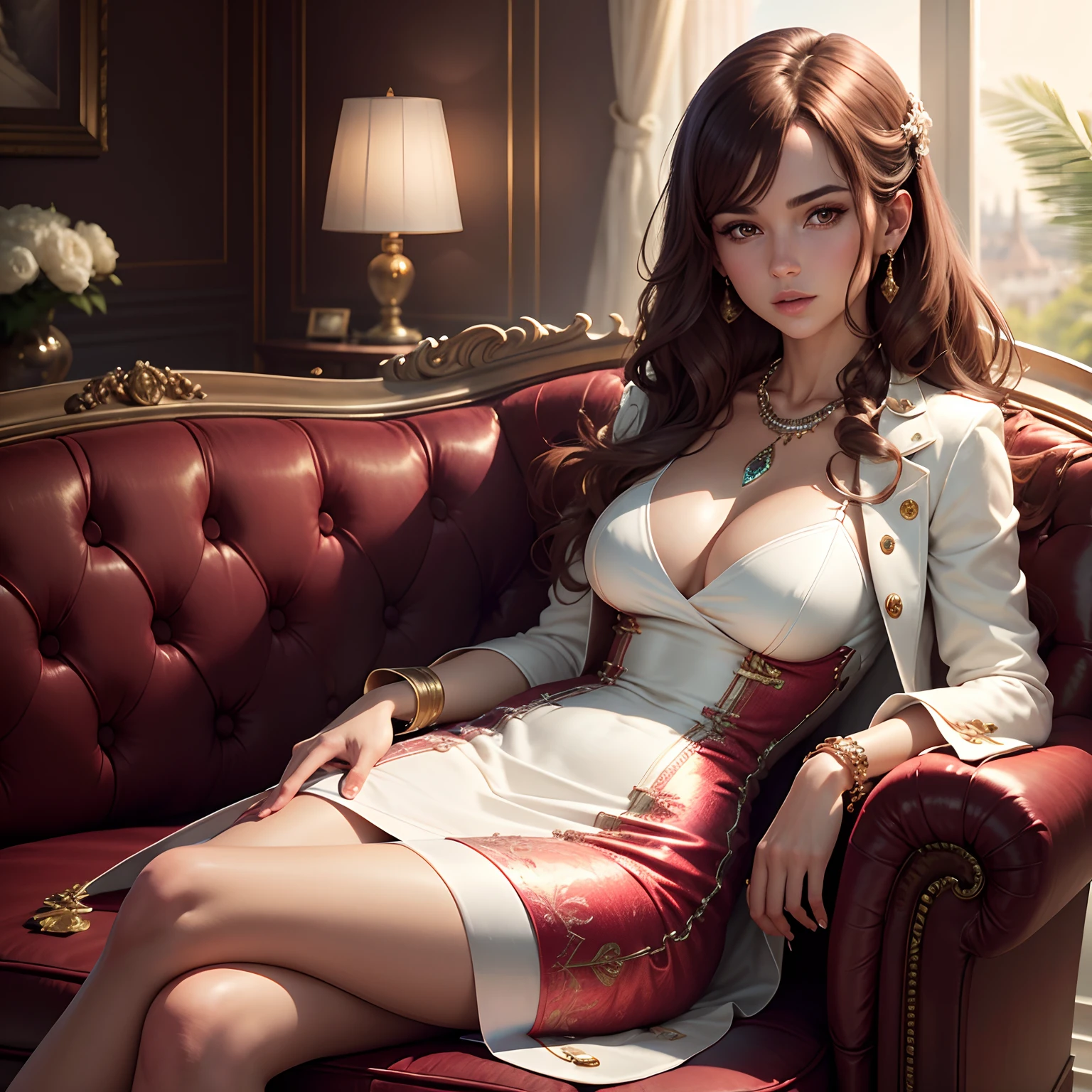 High detail CG，rich details​，Magnificent villa，red wine，Dress normally，White coat，Successful girls，Wear an exaggerated necklace，brown  hair，Sitting on the villa sofa，The art of clocking in